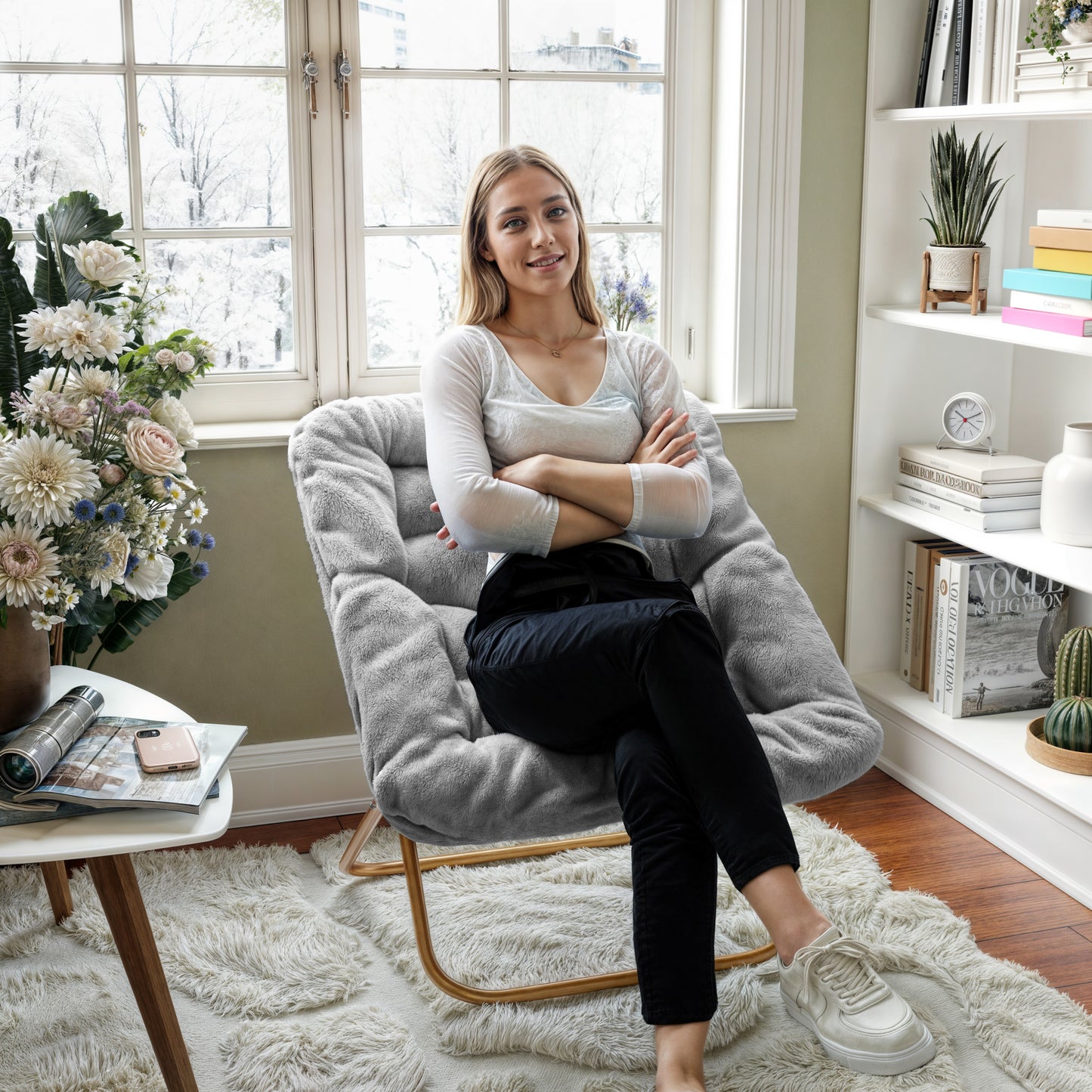 Archer 28" Oversized Portable Faux Fur Folding Saucer Chair for Dorm, Bedroom, Gray Faux Fur/Soft Gold Frame Gray Fabric/Soft Gold Frame
