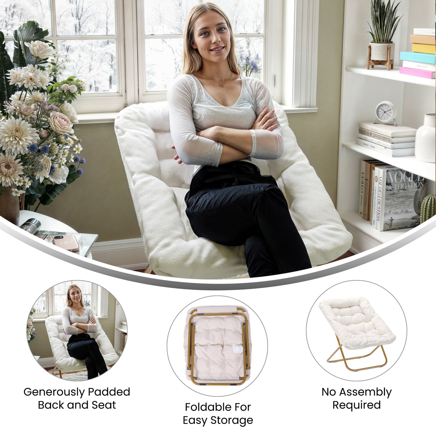 Archer 28" Oversized Portable Faux Shearling Folding Saucer Chair for Dorm, Bedroom, Ivory Faux Shearling/Soft Gold Frame Ivory Faux Shearling Fabric/Soft Gold Frame FV-FSC-027-IV-SGD-GG