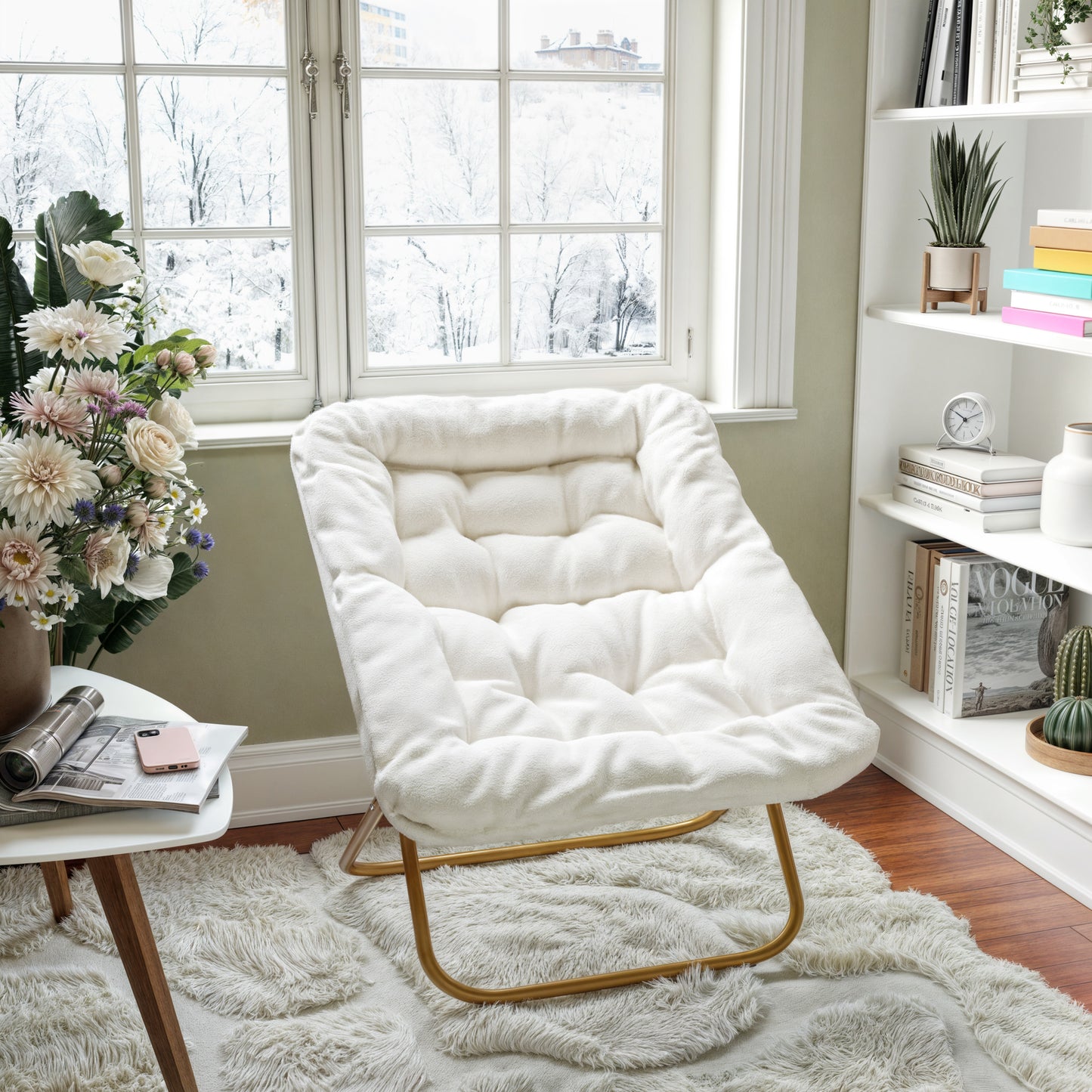 Archer 28" Oversized Portable Faux Shearling Folding Saucer Chair for Dorm, Bedroom, Ivory Faux Shearling/Soft Gold Frame Ivory Faux Shearling Fabric/Soft Gold Frame FV-FSC-027-IV-SGD-GG