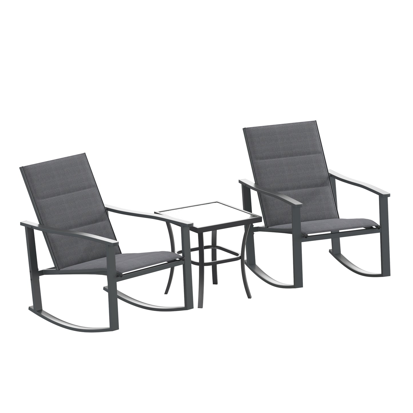 Brazos 3 Piece Outdoor Rocking Chair Bistro Set with Flex Comfort Material and Steel Framed Glass Top Table, Black/Black Black FV-FSC-2315-BLK-GG