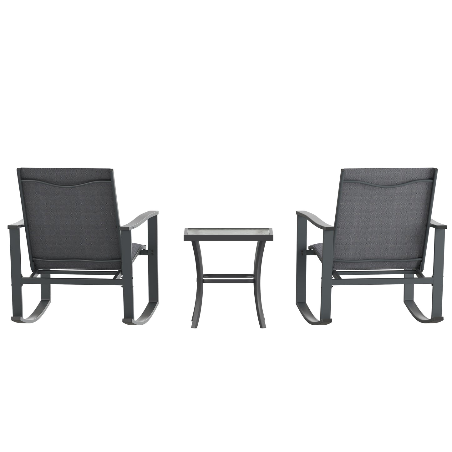 Brazos 3 Piece Outdoor Rocking Chair Bistro Set with Flex Comfort Material and Steel Framed Glass Top Table, Black/Black Black FV-FSC-2315-BLK-GG