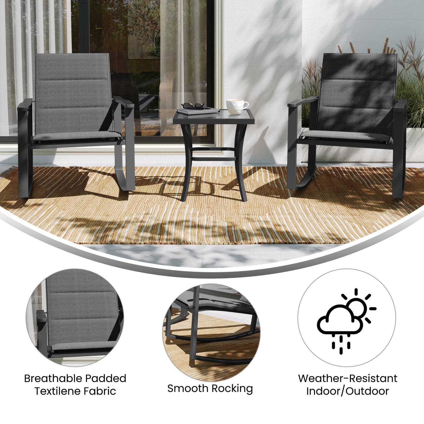 Brazos 3 Piece Outdoor Rocking Chair Bistro Set with Flex Comfort Material and Steel Framed Glass Top Table, Black/Black Black FV-FSC-2315-BLK-GG