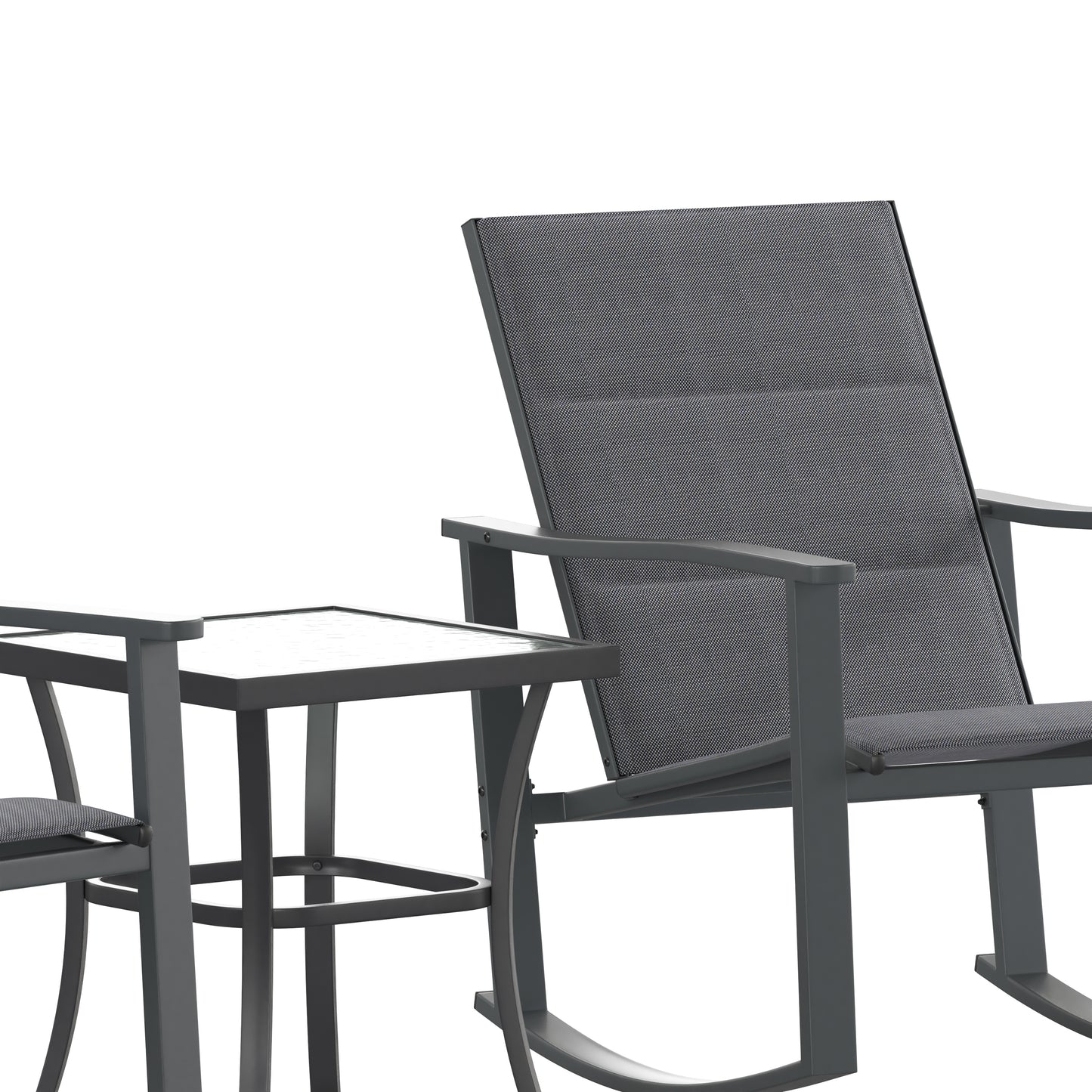 Brazos 3 Piece Outdoor Rocking Chair Bistro Set with Flex Comfort Material and Steel Framed Glass Top Table, Black/Black Black FV-FSC-2315-BLK-GG