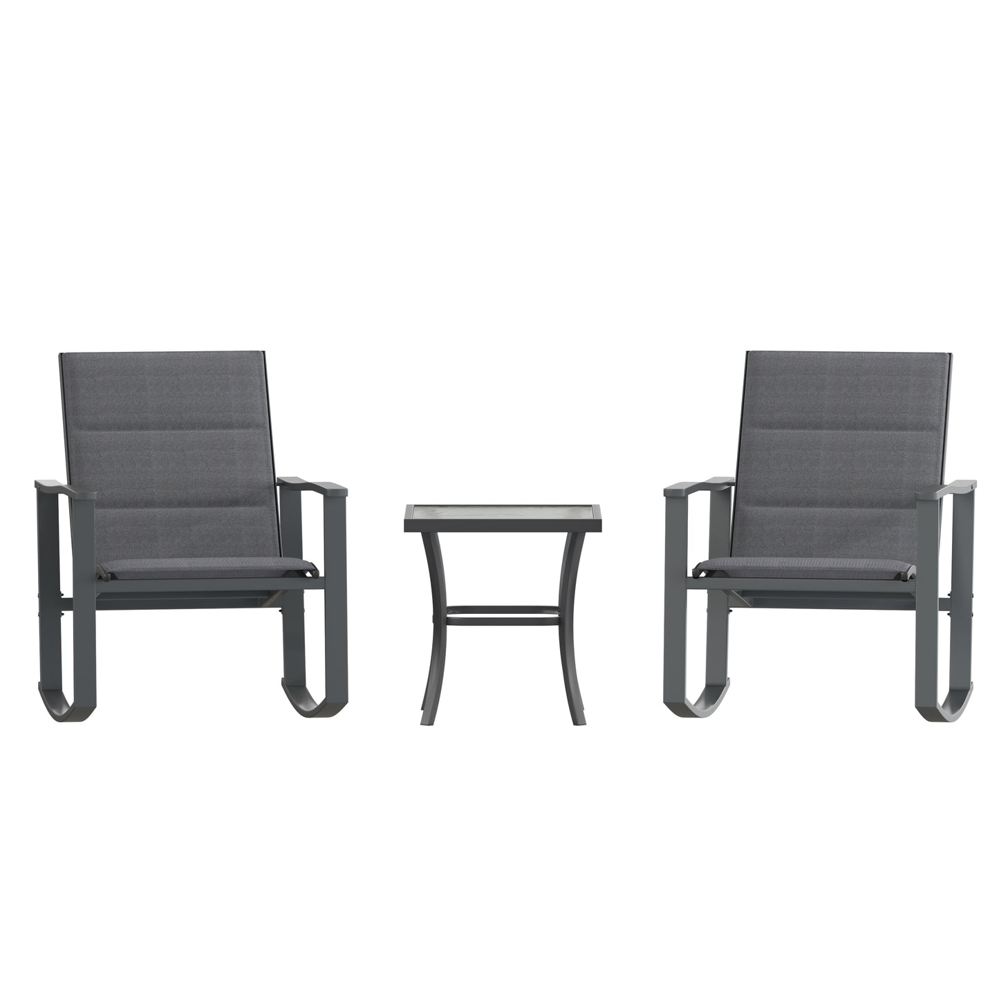 Brazos 3 Piece Outdoor Rocking Chair Bistro Set with Flex Comfort Material and Steel Framed Glass Top Table, Black/Black Black FV-FSC-2315-BLK-GG