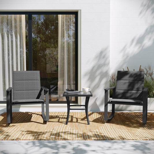 Brazos 3 Piece Outdoor Rocking Chair Bistro Set with Flex Comfort Material and Steel Framed Glass Top Table, Black/Black Black
