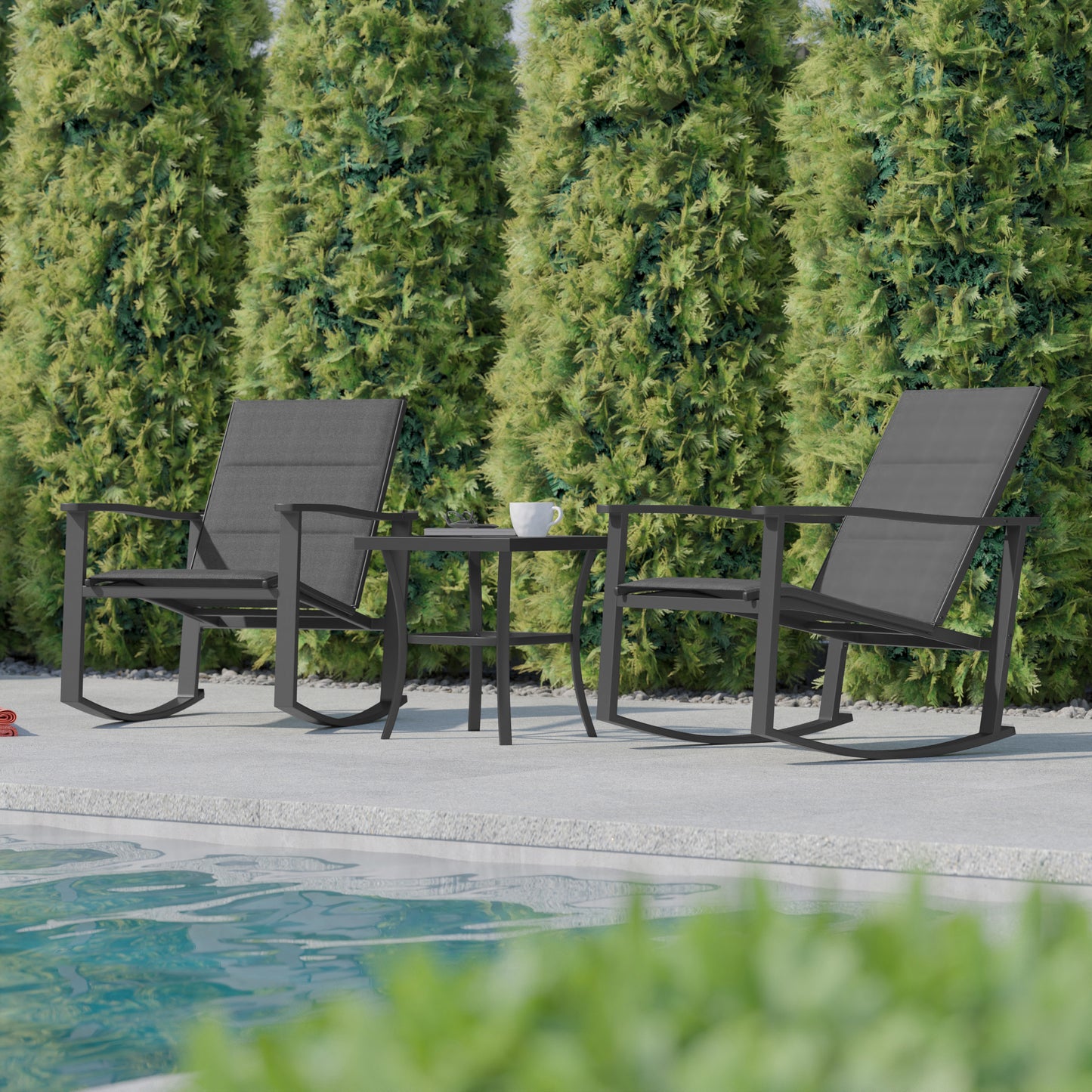 Brazos 3 Piece Outdoor Rocking Chair Bistro Set with Flex Comfort Material and Steel Framed Glass Top Table, Black/Black Black FV-FSC-2315-BLK-GG