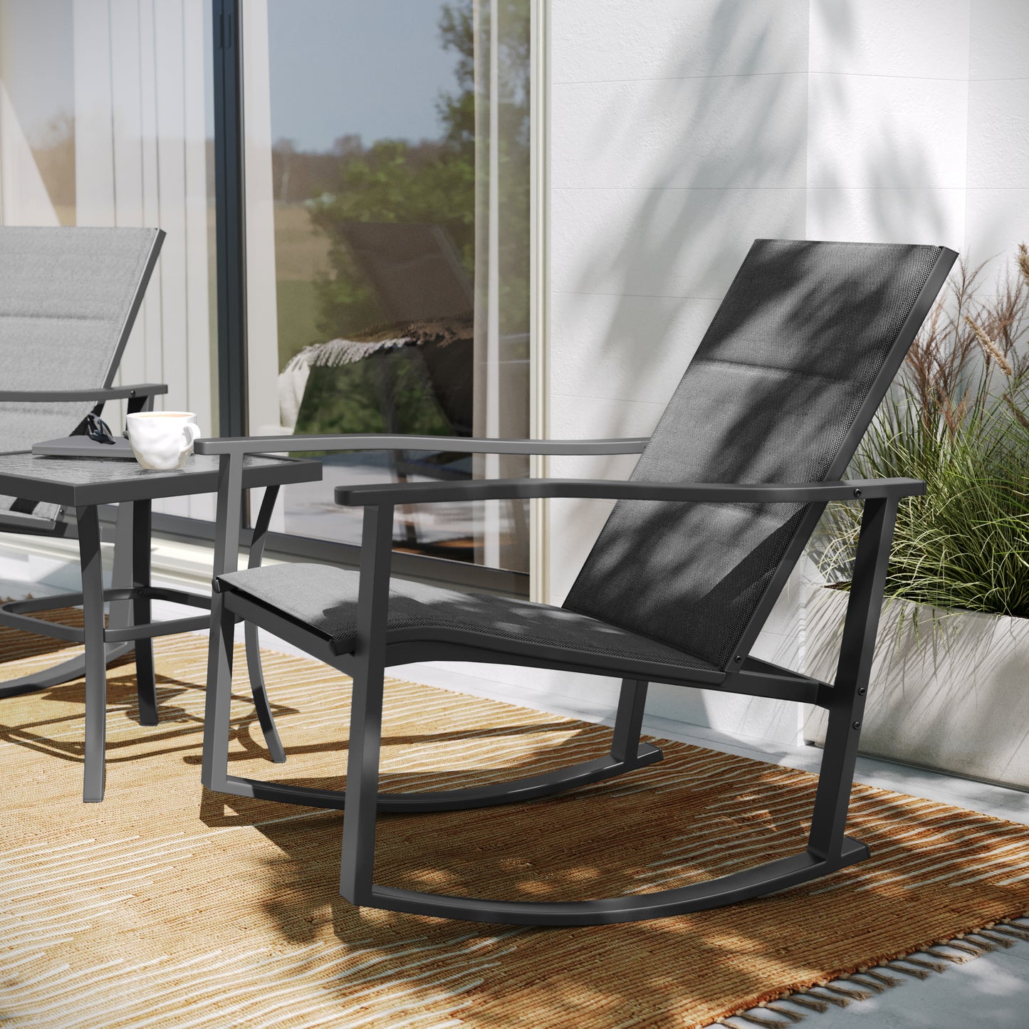 Brazos 3 Piece Outdoor Rocking Chair Bistro Set with Flex Comfort Material and Steel Framed Glass Top Table, Black/Black Black FV-FSC-2315-BLK-GG