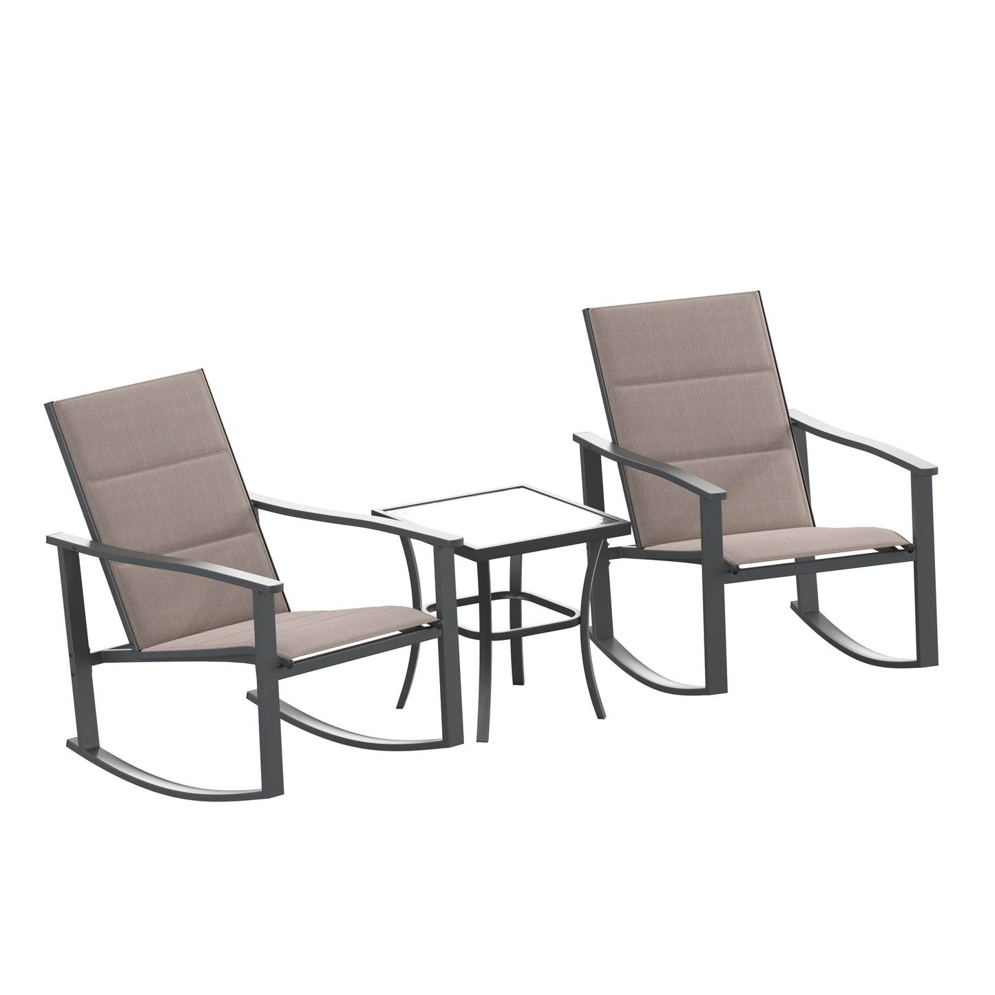 Brazos 3 Piece Outdoor Rocking Chair Bistro Set with Flex Comfort Material and Steel Framed Glass Top Table, Brown/Black Brown
