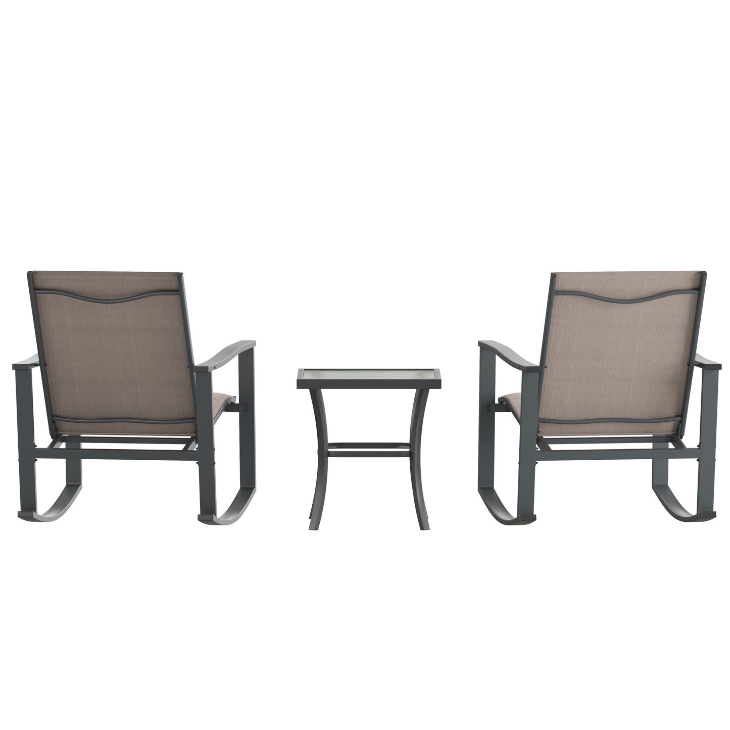 Brazos 3 Piece Outdoor Rocking Chair Bistro Set with Flex Comfort Material and Steel Framed Glass Top Table, Brown/Black Brown