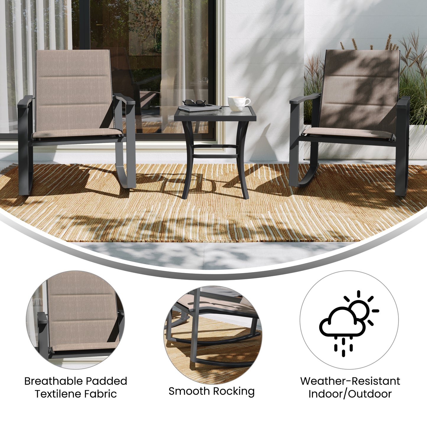 Brazos 3 Piece Outdoor Rocking Chair Bistro Set with Flex Comfort Material and Steel Framed Glass Top Table, Brown/Black Brown