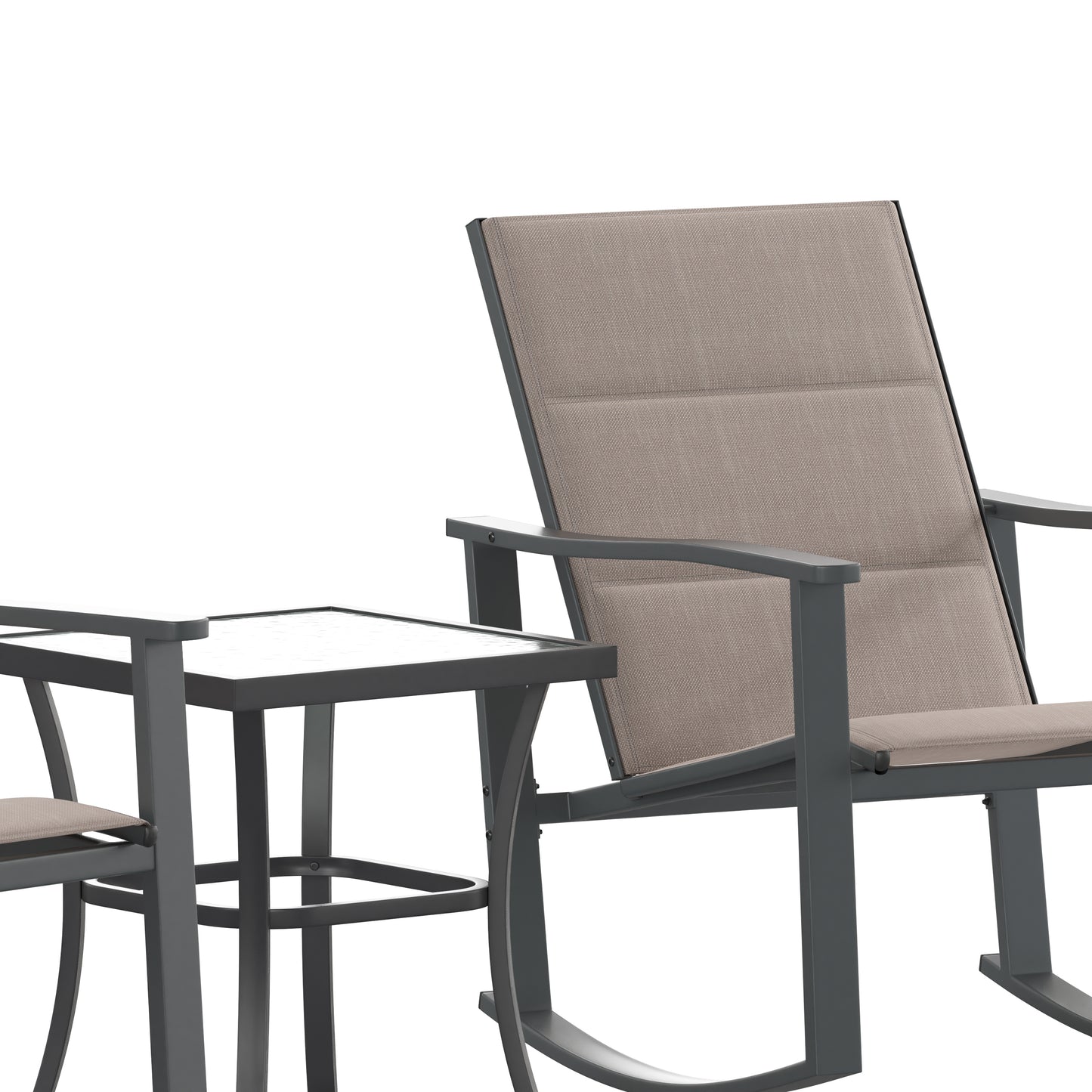 Brazos 3 Piece Outdoor Rocking Chair Bistro Set with Flex Comfort Material and Steel Framed Glass Top Table, Brown/Black Brown