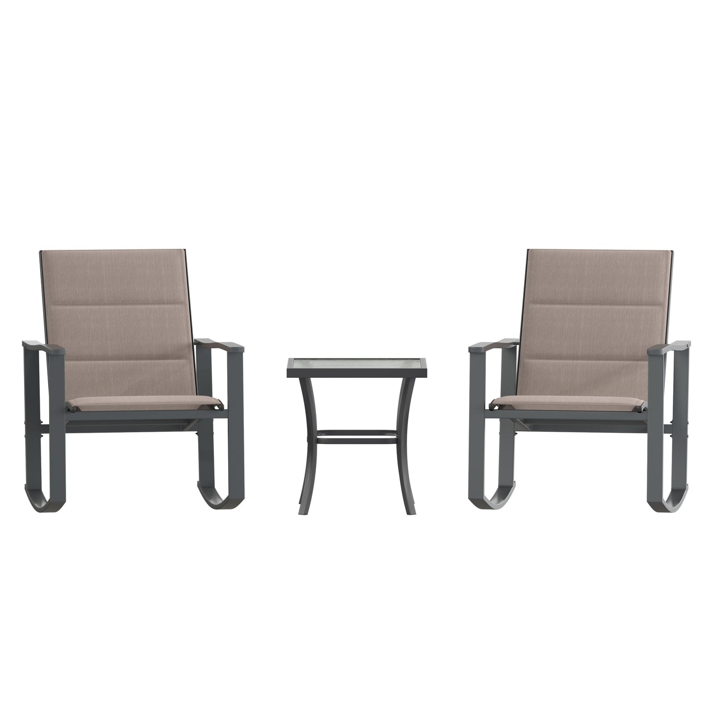 Brazos 3 Piece Outdoor Rocking Chair Bistro Set with Flex Comfort Material and Steel Framed Glass Top Table, Brown/Black Brown