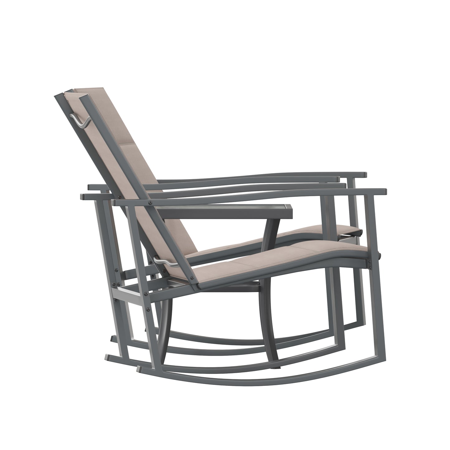 Brazos 3 Piece Outdoor Rocking Chair Bistro Set with Flex Comfort Material and Steel Framed Glass Top Table, Brown/Black Brown