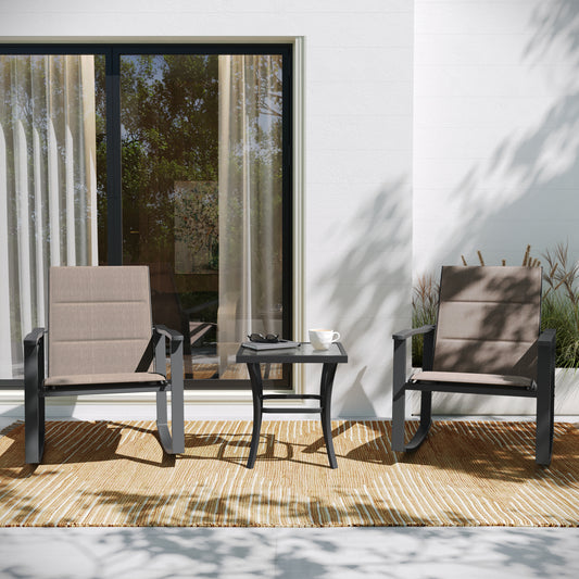 Brazos 3 Piece Outdoor Rocking Chair Bistro Set with Flex Comfort Material and Steel Framed Glass Top Table, Brown/Black Brown