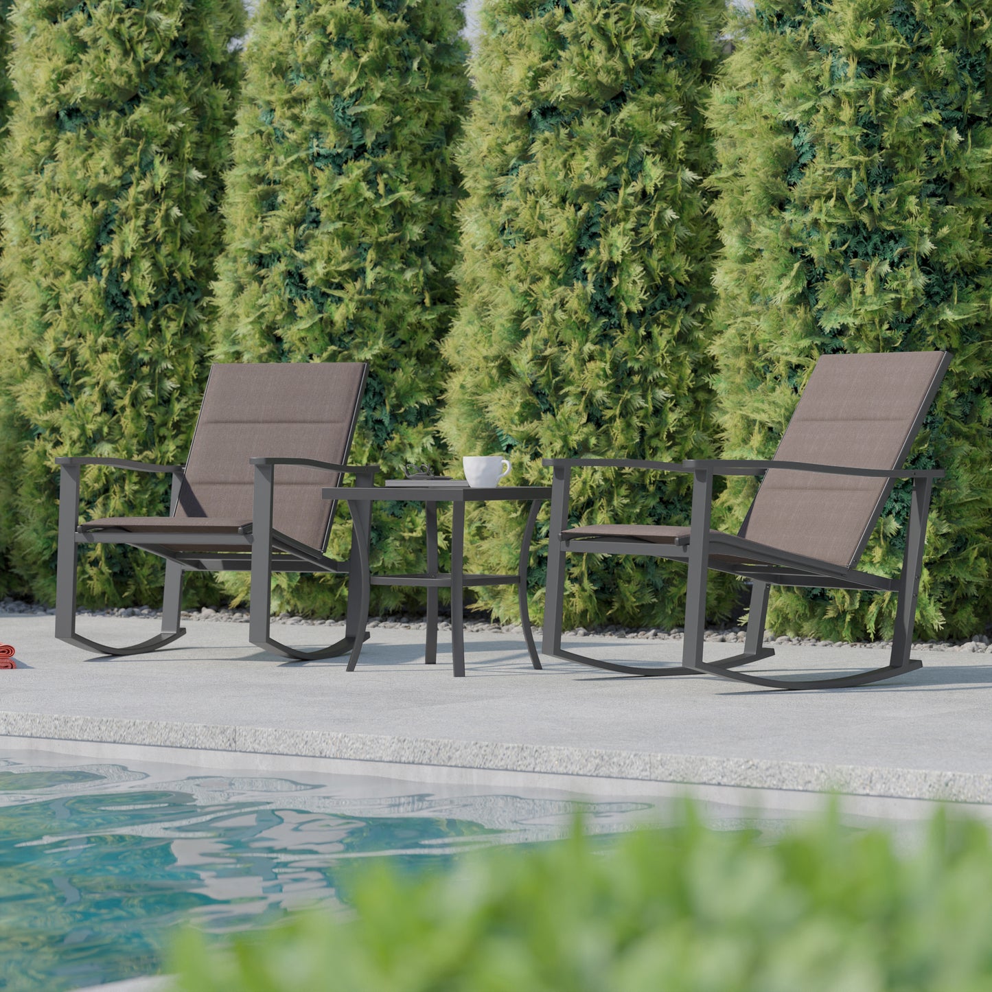 Brazos 3 Piece Outdoor Rocking Chair Bistro Set with Flex Comfort Material and Steel Framed Glass Top Table, Brown/Black Brown
