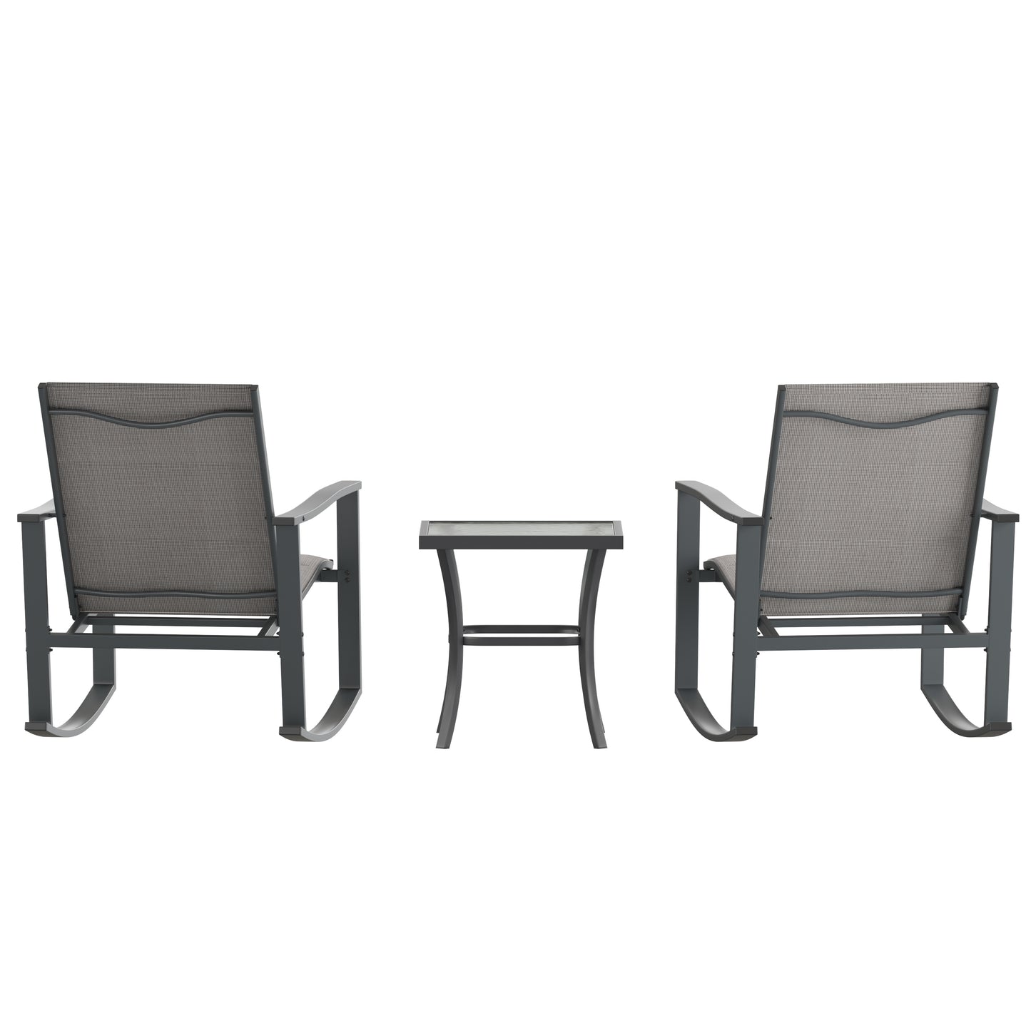 Brazos 3 Piece Outdoor Rocking Chair Bistro Set with Flex Comfort Material and Steel Framed Glass Top Table, Gray/Black Gray