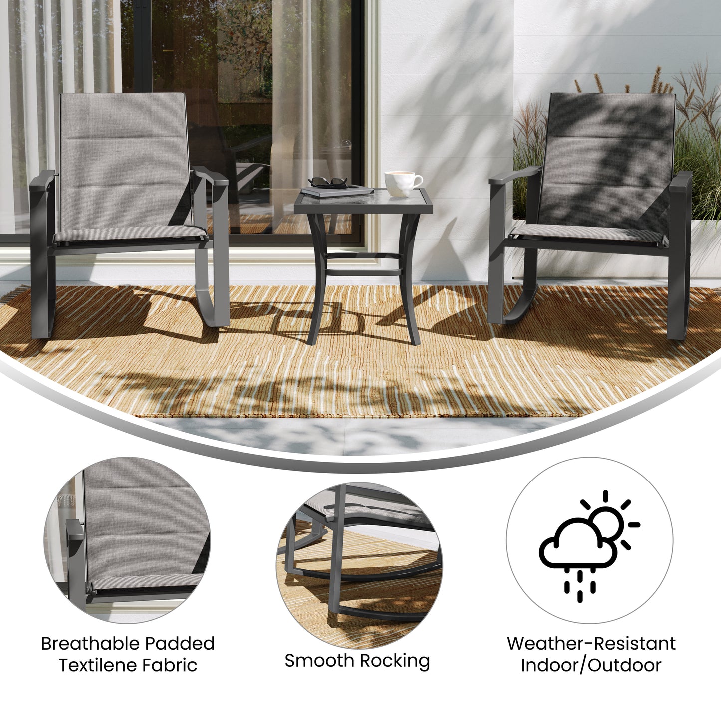 Brazos 3 Piece Outdoor Rocking Chair Bistro Set with Flex Comfort Material and Steel Framed Glass Top Table, Gray/Black Gray