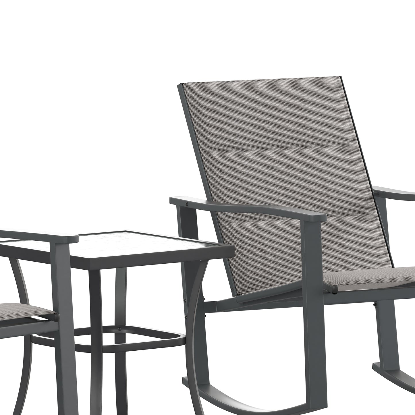 Brazos 3 Piece Outdoor Rocking Chair Bistro Set with Flex Comfort Material and Steel Framed Glass Top Table, Gray/Black Gray