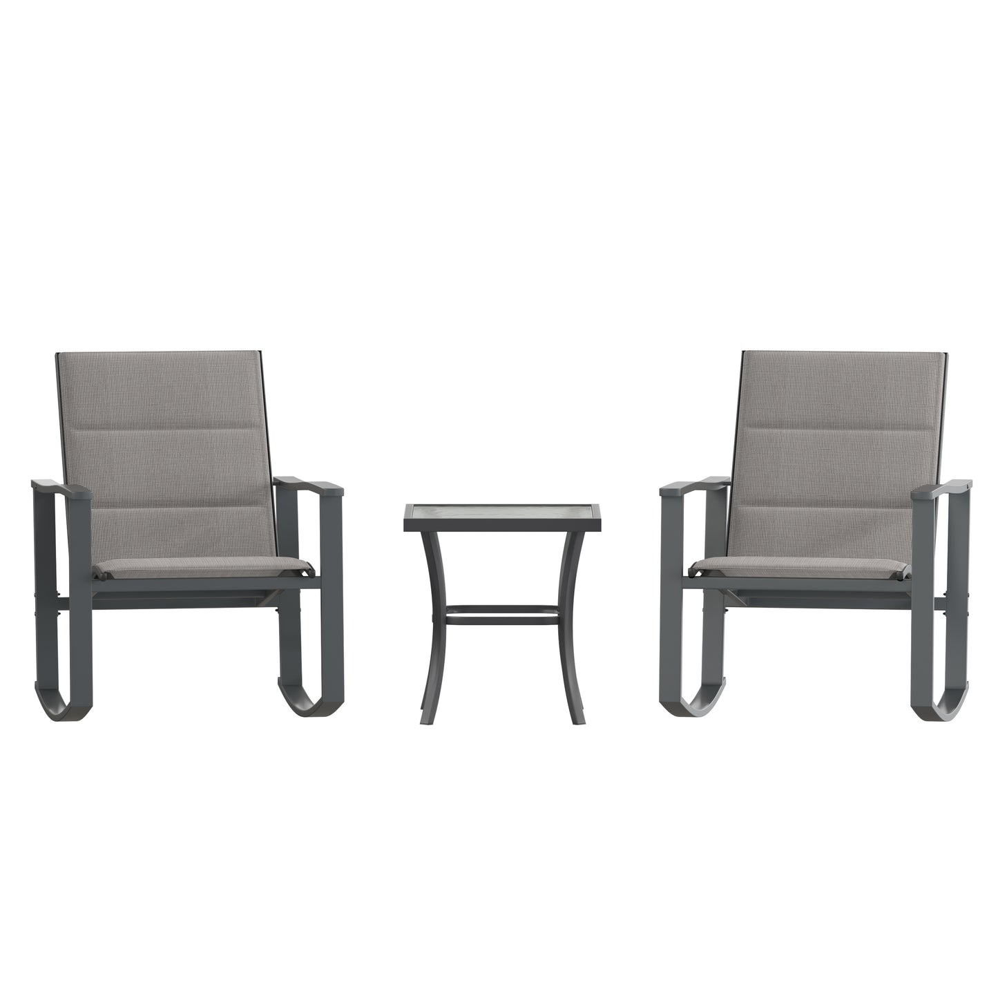 Brazos 3 Piece Outdoor Rocking Chair Bistro Set with Flex Comfort Material and Steel Framed Glass Top Table, Gray/Black Gray