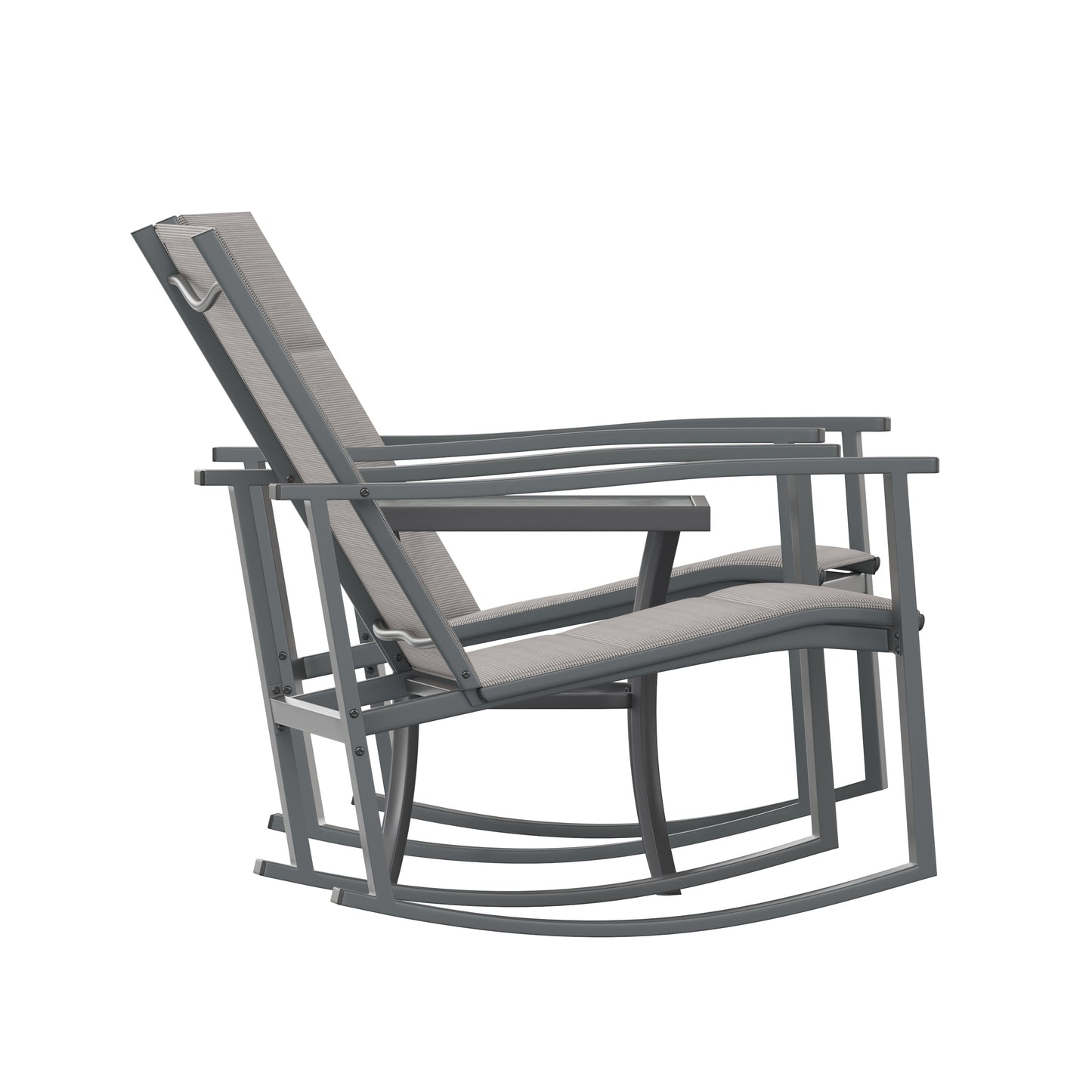 Brazos 3 Piece Outdoor Rocking Chair Bistro Set with Flex Comfort Material and Steel Framed Glass Top Table, Gray/Black Gray