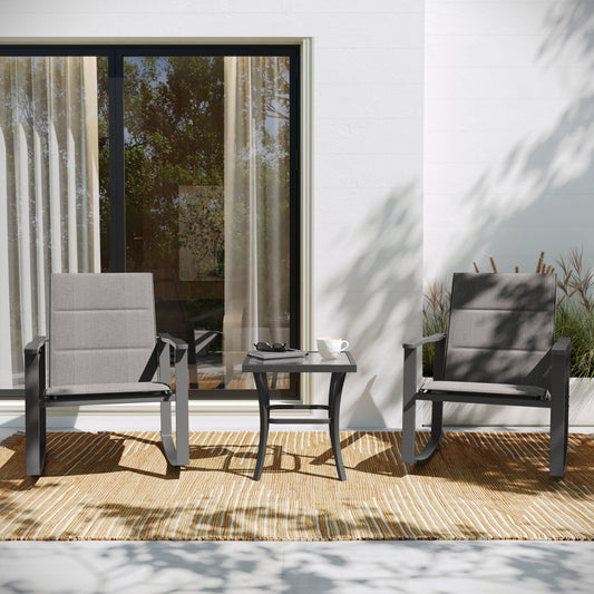 Brazos 3 Piece Outdoor Rocking Chair Bistro Set with Flex Comfort Material and Steel Framed Glass Top Table, Gray/Black Gray