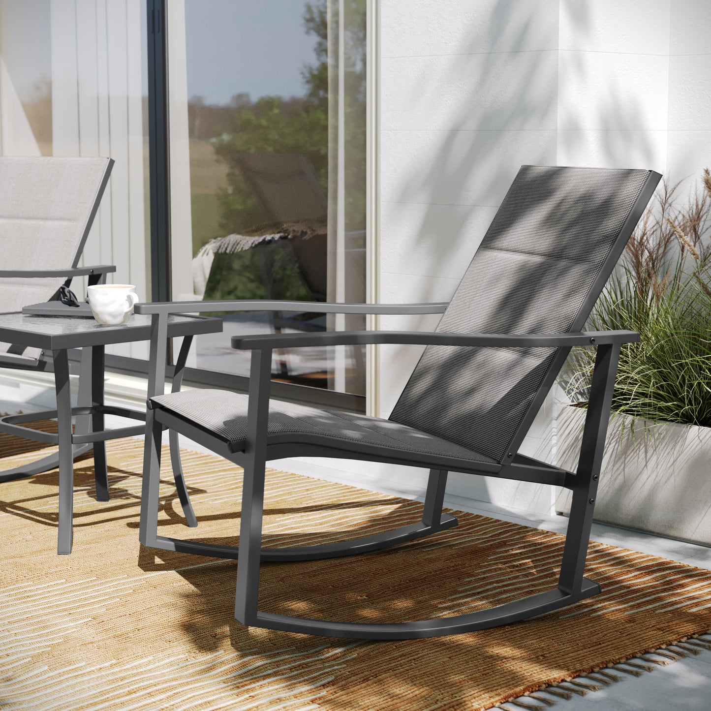 Brazos 3 Piece Outdoor Rocking Chair Bistro Set with Flex Comfort Material and Steel Framed Glass Top Table, Gray/Black Gray