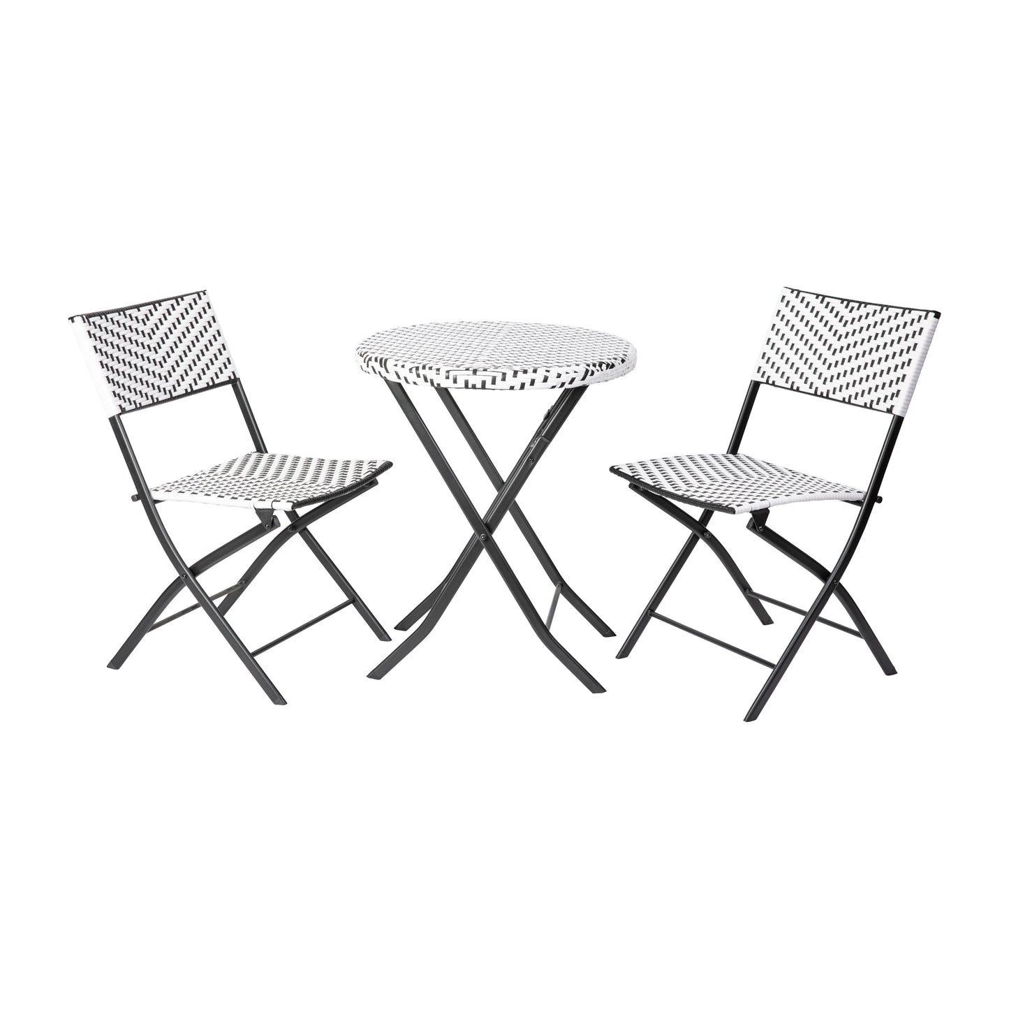 Rouen Three Piece Commercial Grade Foldable Bistro Set, Indoor/Outdoor PE Rattan Back, Seat and Table Top, Black/White with Black Steel Frames Black & White