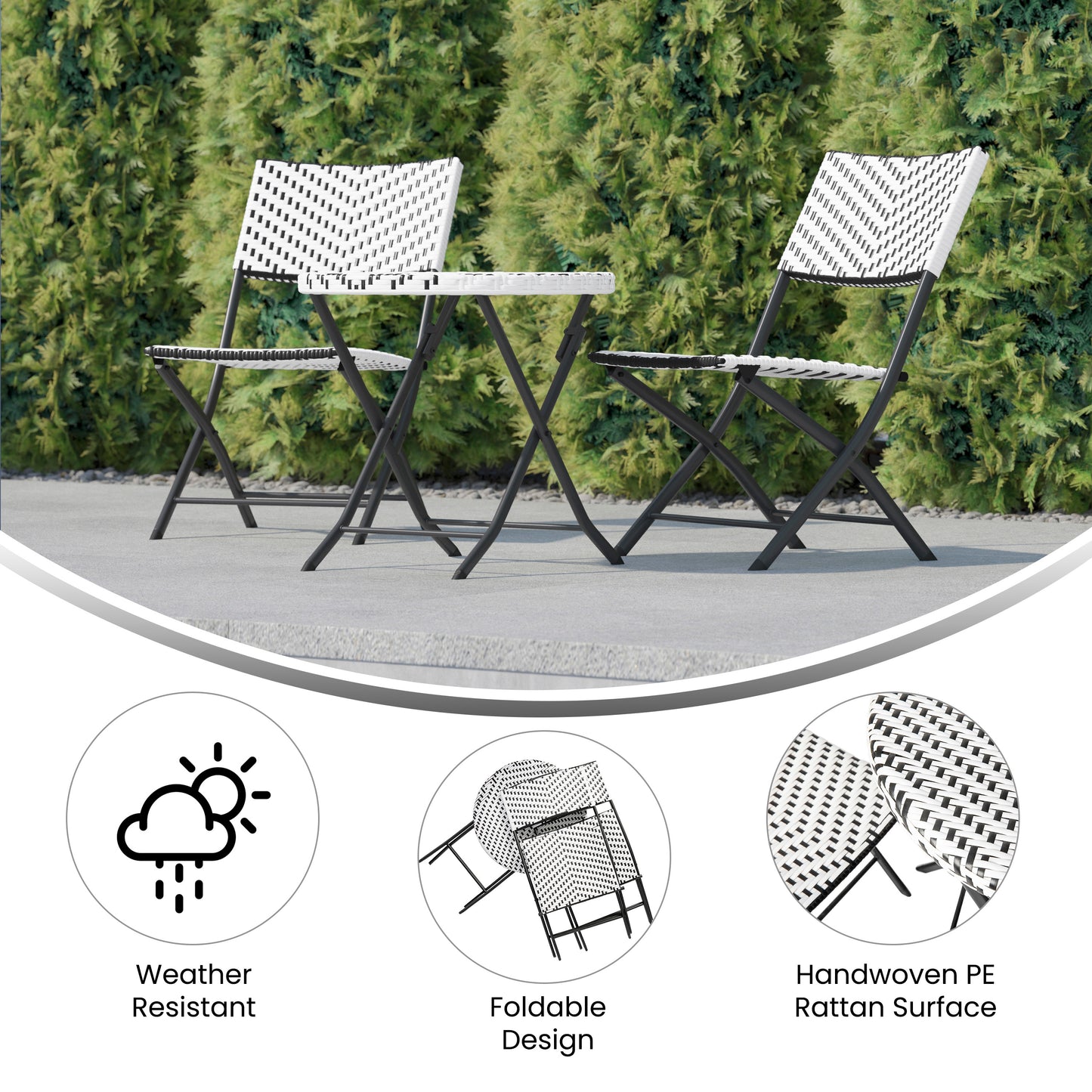 Rouen Three Piece Commercial Grade Foldable Bistro Set, Indoor/Outdoor PE Rattan Back, Seat and Table Top, Black/White with Black Steel Frames Black & White