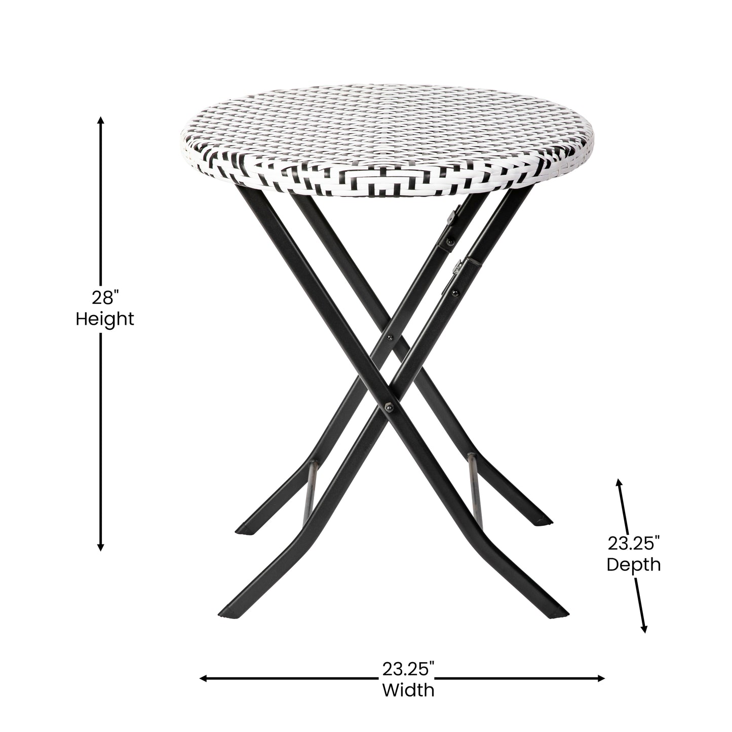 Rouen Three Piece Commercial Grade Foldable Bistro Set, Indoor/Outdoor PE Rattan Back, Seat and Table Top, Black/White with Black Steel Frames Black & White