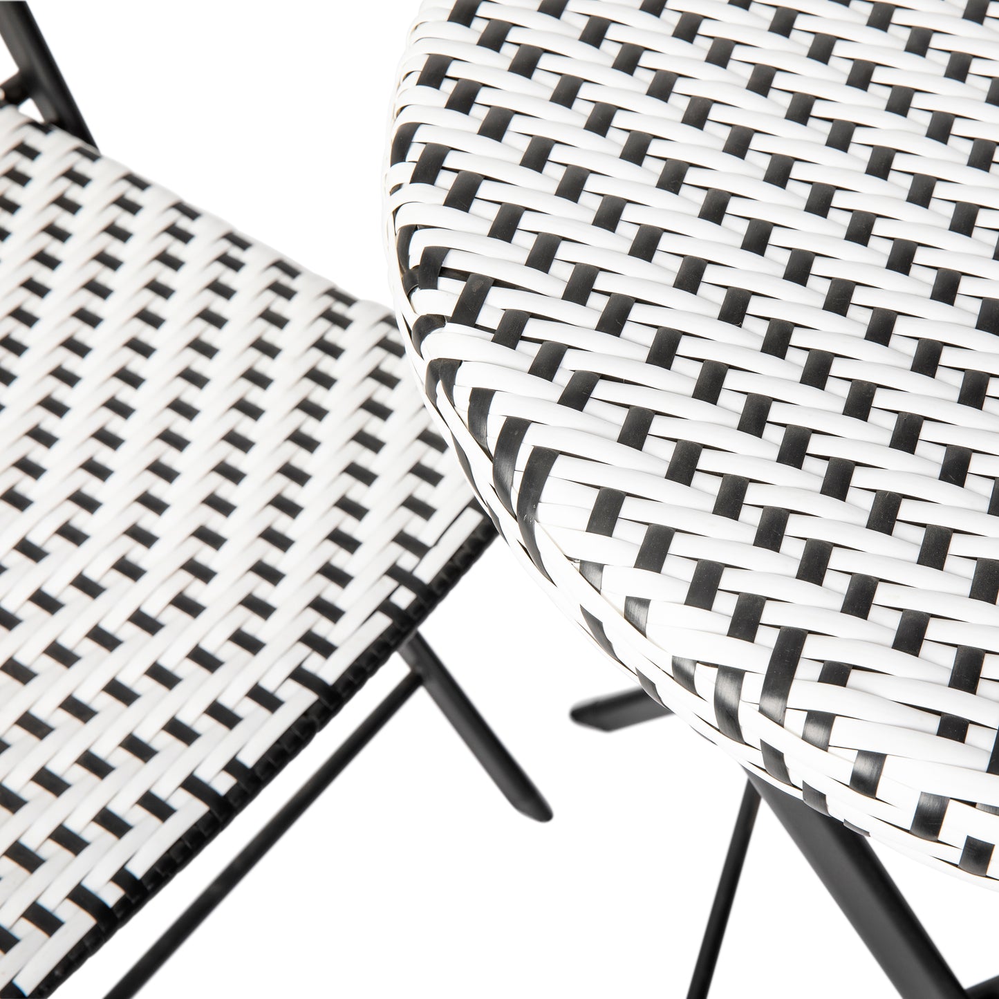 Rouen Three Piece Commercial Grade Foldable Bistro Set, Indoor/Outdoor PE Rattan Back, Seat and Table Top, Black/White with Black Steel Frames Black & White