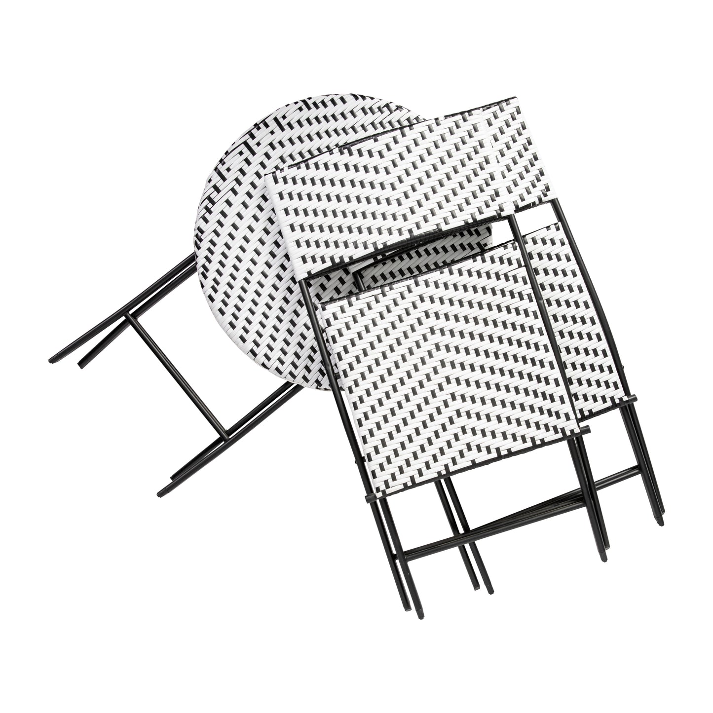 Rouen Three Piece Commercial Grade Foldable Bistro Set, Indoor/Outdoor PE Rattan Back, Seat and Table Top, Black/White with Black Steel Frames Black & White
