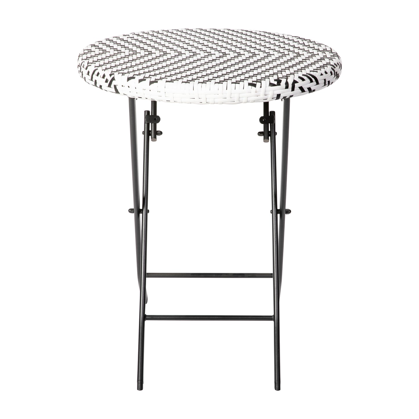 Rouen Three Piece Commercial Grade Foldable Bistro Set, Indoor/Outdoor PE Rattan Back, Seat and Table Top, Black/White with Black Steel Frames Black & White