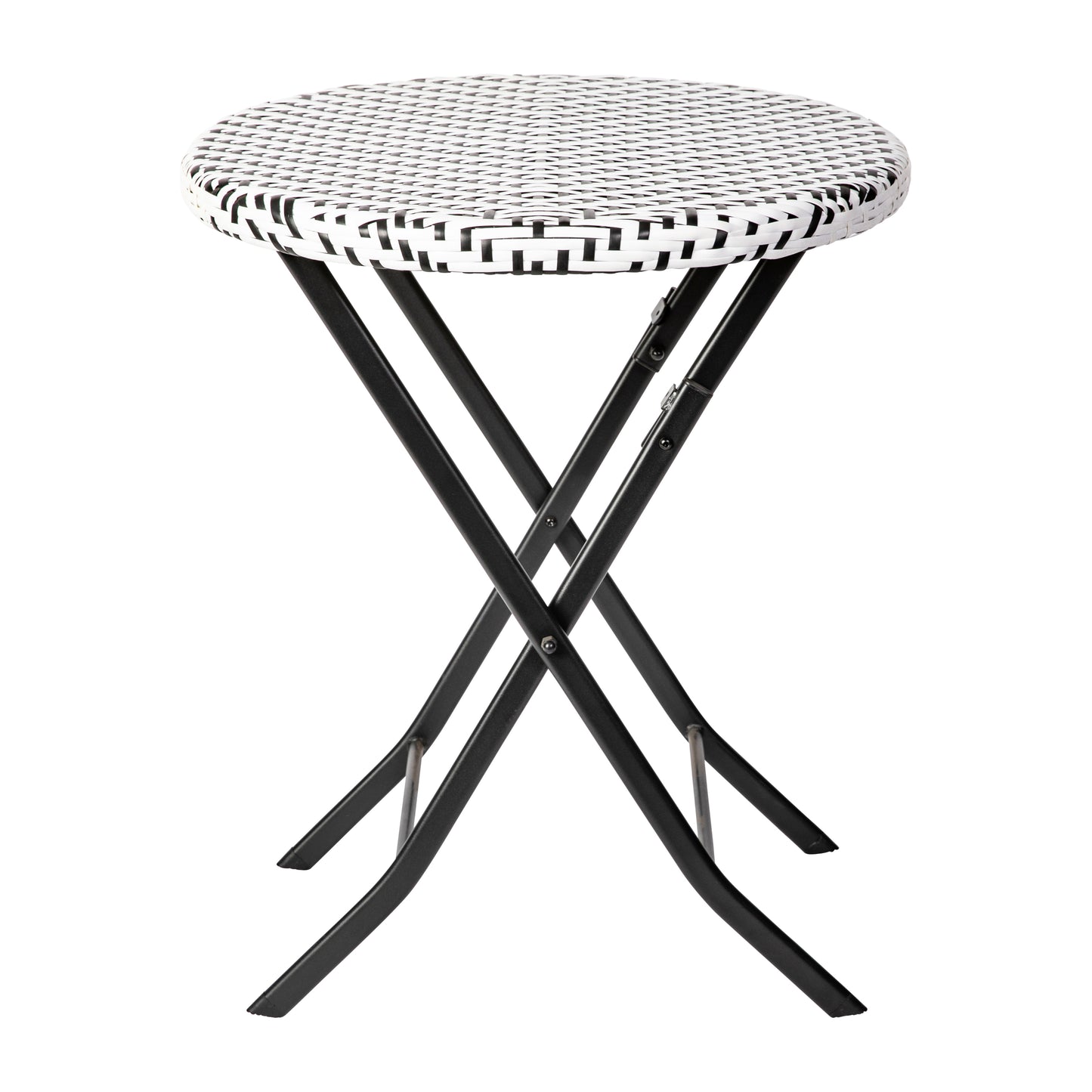 Rouen Three Piece Commercial Grade Foldable Bistro Set, Indoor/Outdoor PE Rattan Back, Seat and Table Top, Black/White with Black Steel Frames Black & White