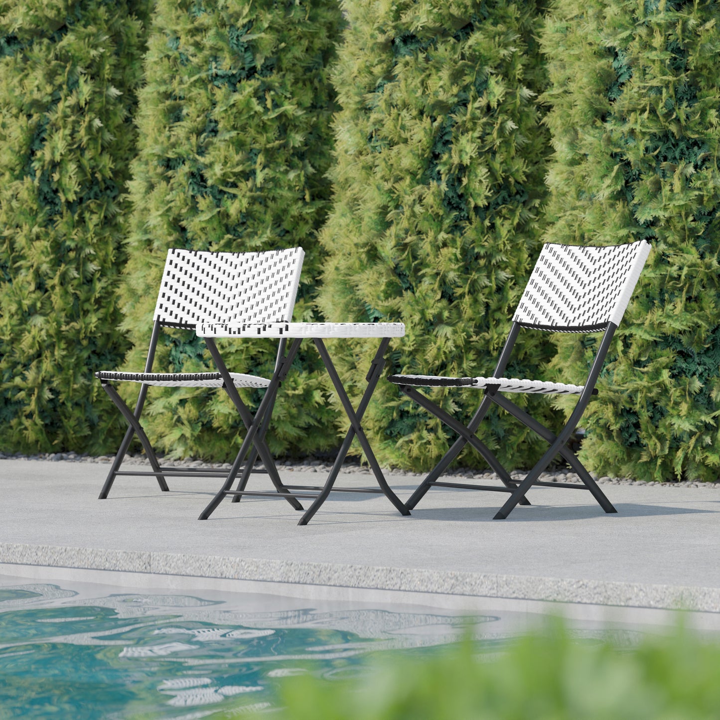 Rouen Three Piece Commercial Grade Foldable Bistro Set, Indoor/Outdoor PE Rattan Back, Seat and Table Top, Black/White with Black Steel Frames Black & White