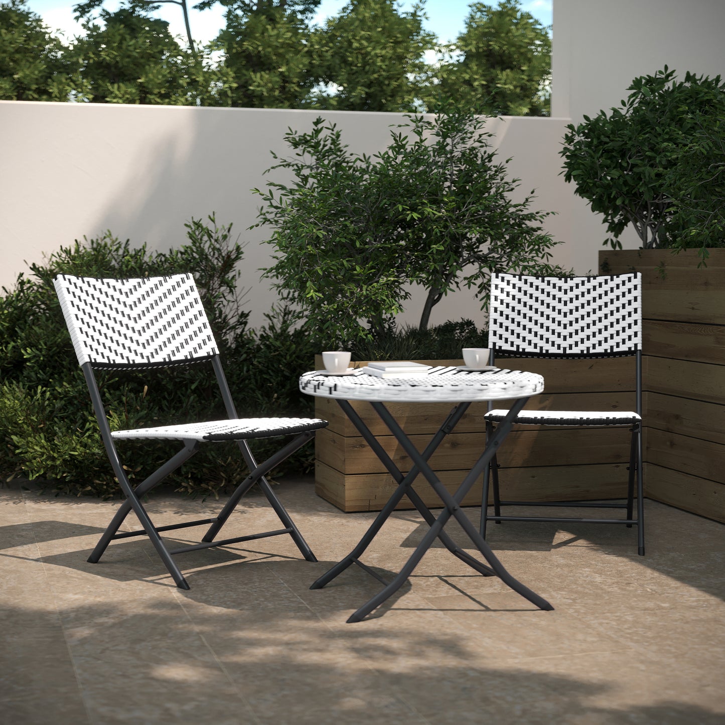 Rouen Three Piece Commercial Grade Foldable Bistro Set, Indoor/Outdoor PE Rattan Back, Seat and Table Top, Black/White with Black Steel Frames Black & White