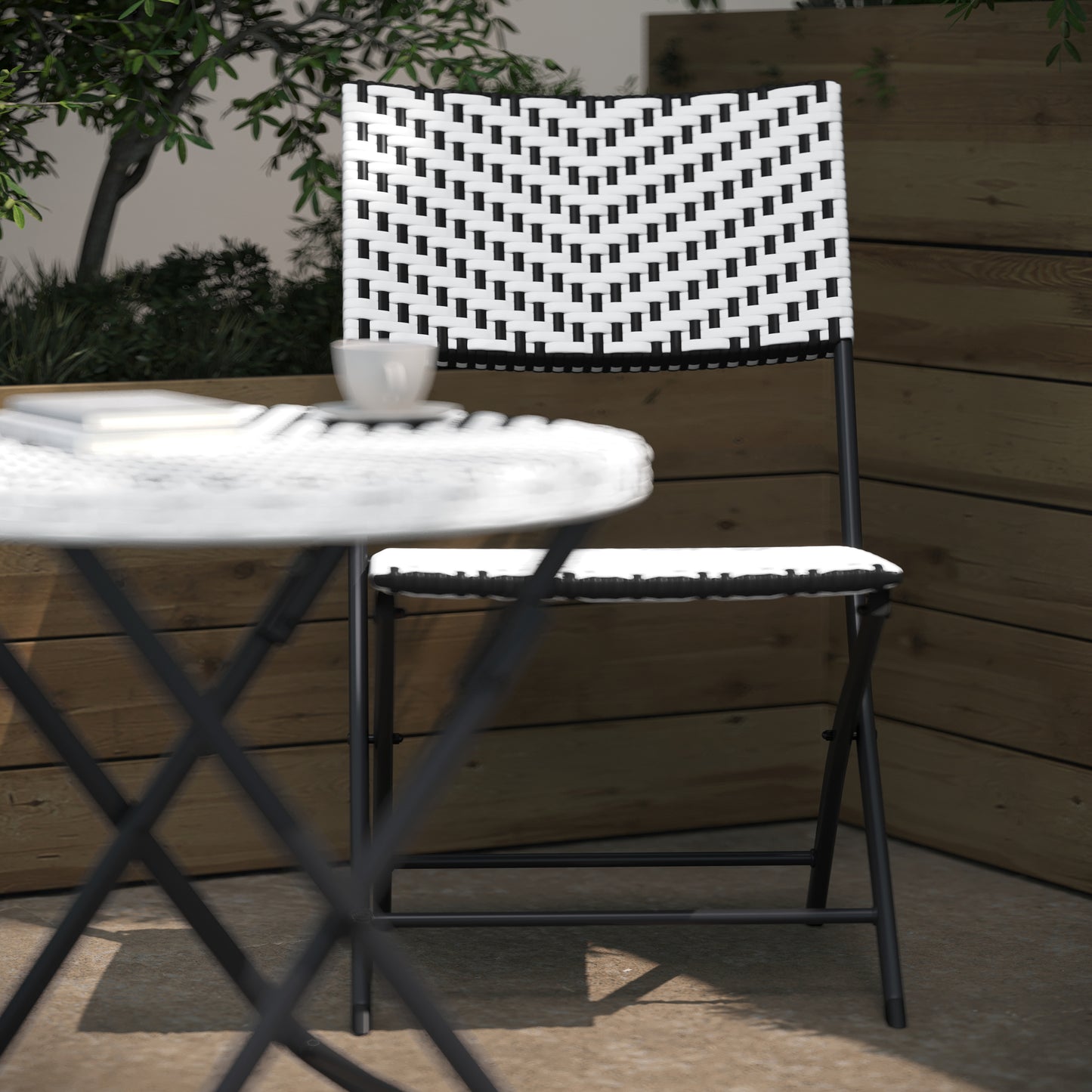 Rouen Three Piece Commercial Grade Foldable Bistro Set, Indoor/Outdoor PE Rattan Back, Seat and Table Top, Black/White with Black Steel Frames Black & White