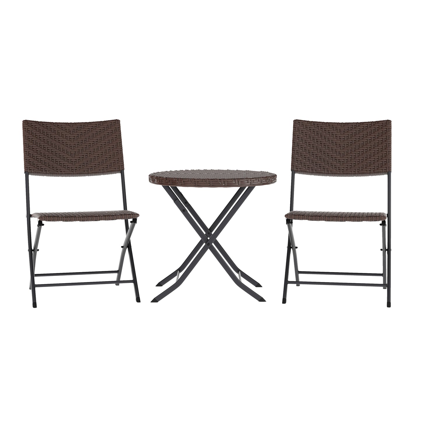 Rouen Three Piece Commercial Grade Foldable Bistro Set, Indoor/Outdoor PE Rattan Back, Seat and Table Top, Brown with Black Steel Frames Brown