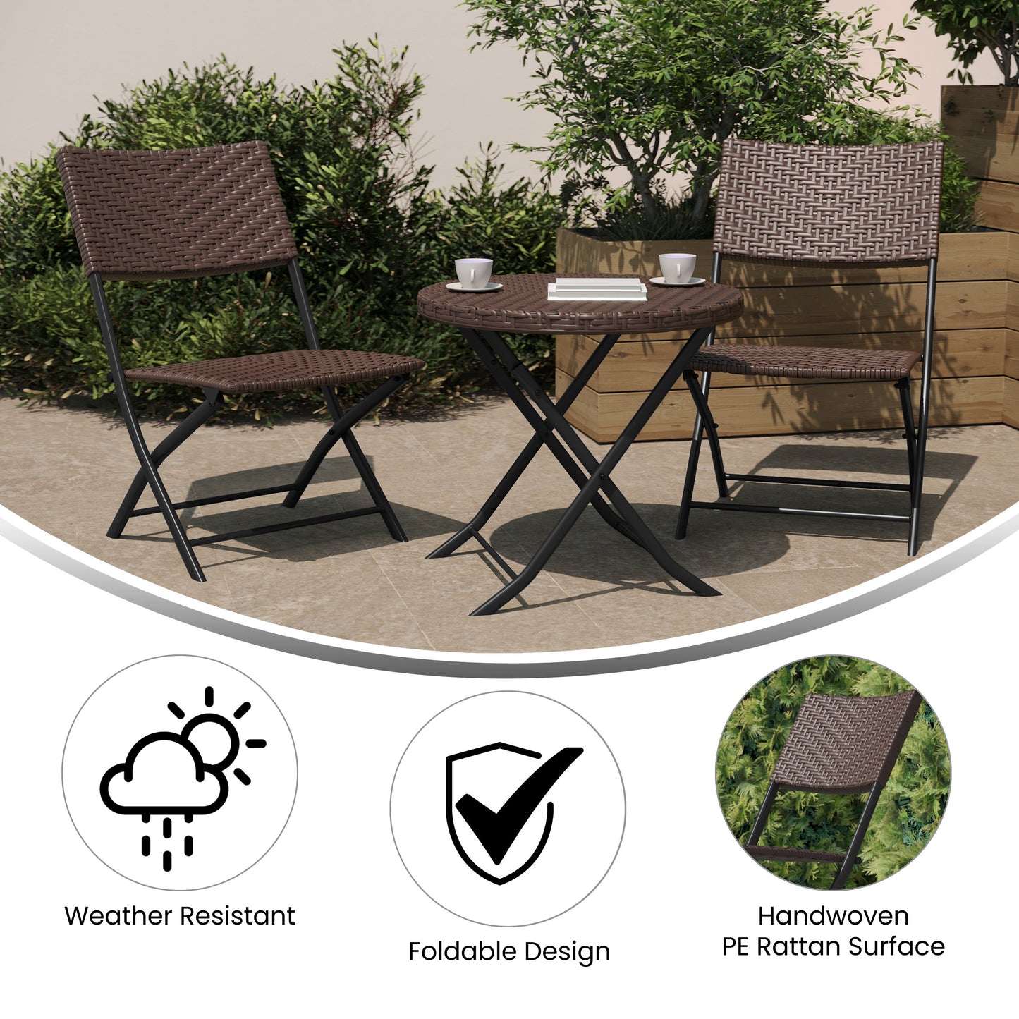 Rouen Three Piece Commercial Grade Foldable Bistro Set, Indoor/Outdoor PE Rattan Back, Seat and Table Top, Brown with Black Steel Frames Brown