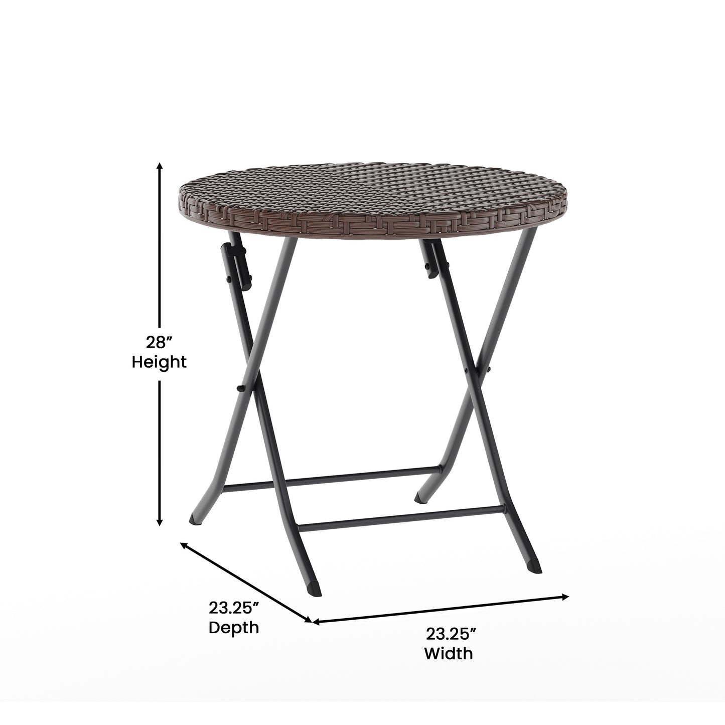 Rouen Three Piece Commercial Grade Foldable Bistro Set, Indoor/Outdoor PE Rattan Back, Seat and Table Top, Brown with Black Steel Frames Brown