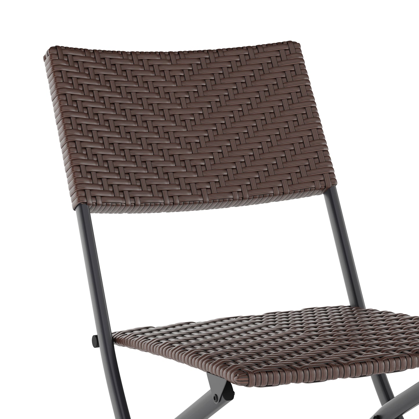 Rouen Three Piece Commercial Grade Foldable Bistro Set, Indoor/Outdoor PE Rattan Back, Seat and Table Top, Brown with Black Steel Frames Brown