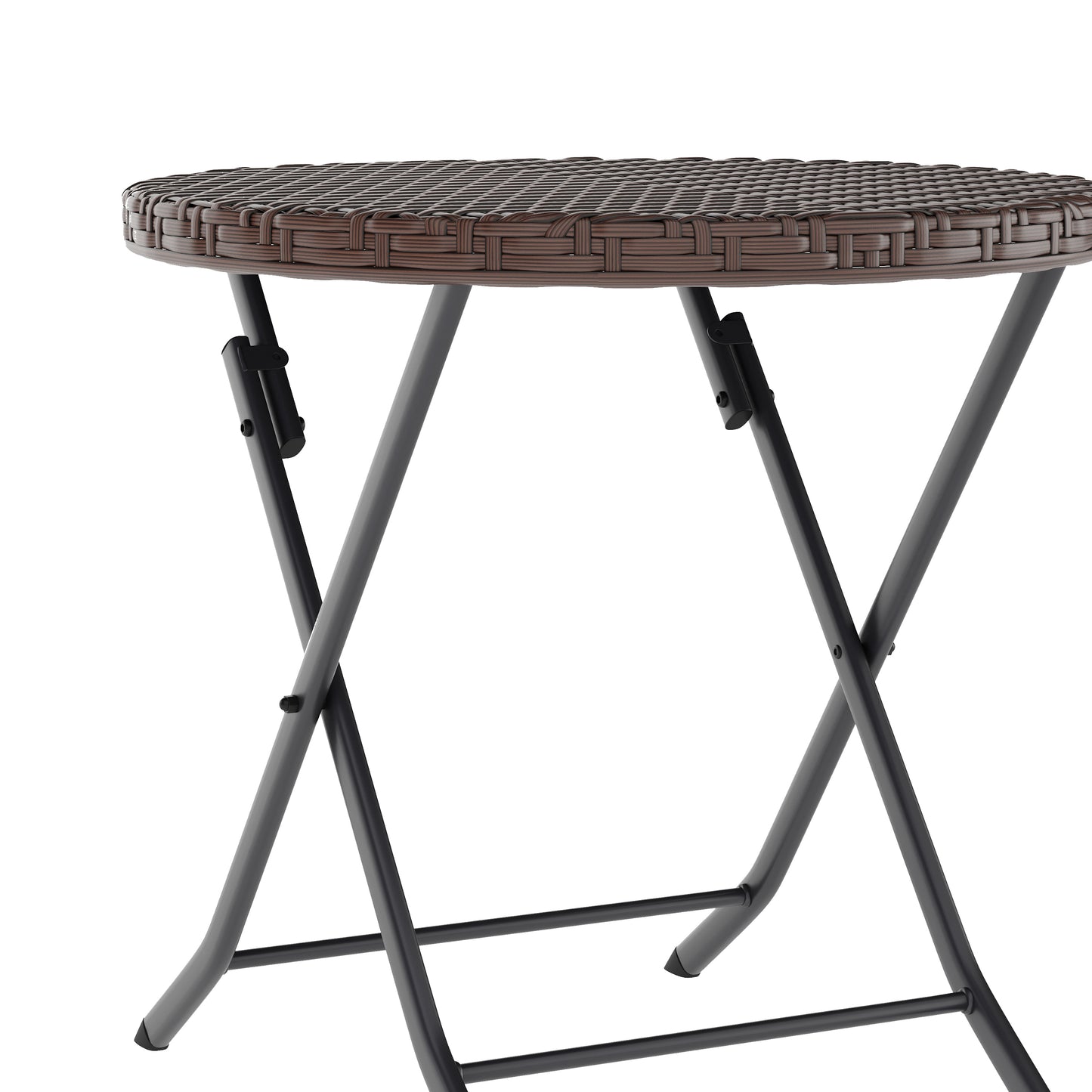 Rouen Three Piece Commercial Grade Foldable Bistro Set, Indoor/Outdoor PE Rattan Back, Seat and Table Top, Brown with Black Steel Frames Brown
