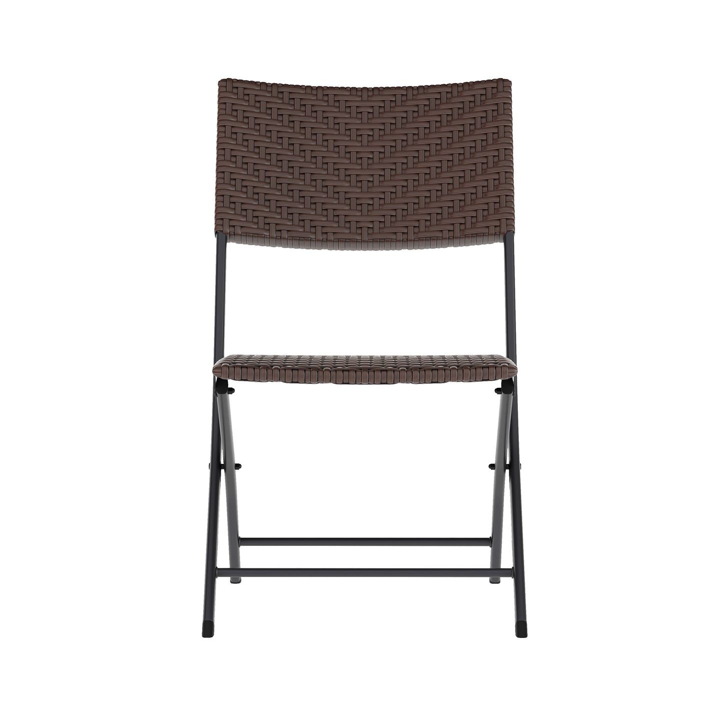 Rouen Three Piece Commercial Grade Foldable Bistro Set, Indoor/Outdoor PE Rattan Back, Seat and Table Top, Brown with Black Steel Frames Brown