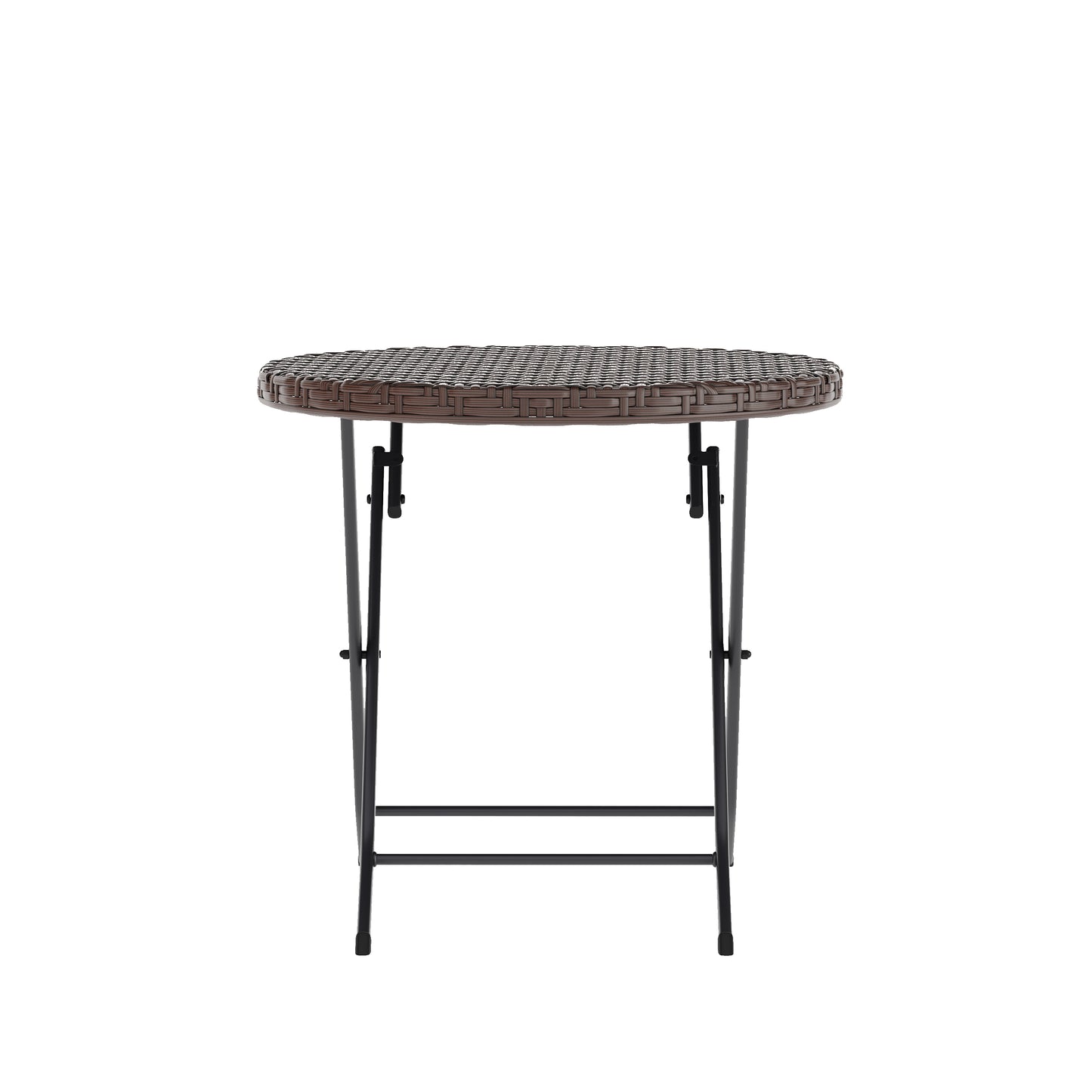 Rouen Three Piece Commercial Grade Foldable Bistro Set, Indoor/Outdoor PE Rattan Back, Seat and Table Top, Brown with Black Steel Frames Brown