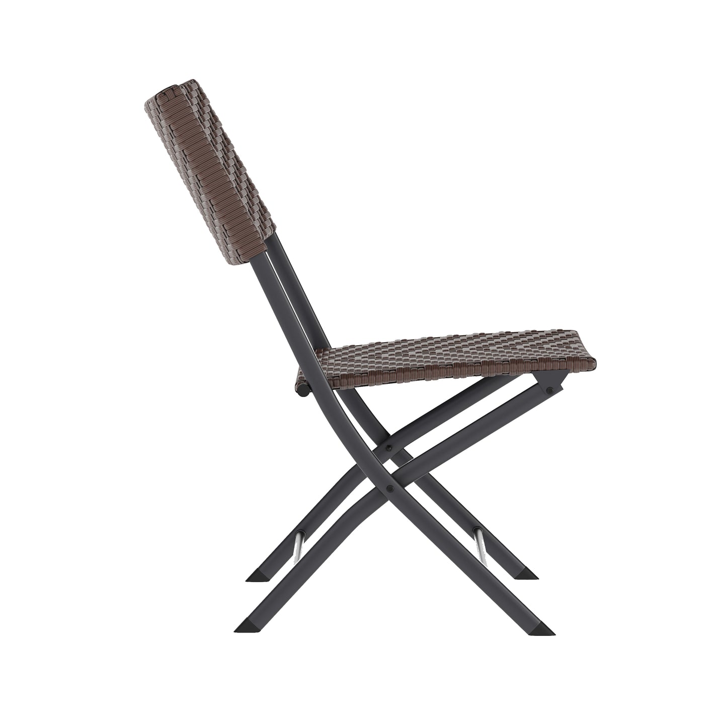 Rouen Three Piece Commercial Grade Foldable Bistro Set, Indoor/Outdoor PE Rattan Back, Seat and Table Top, Brown with Black Steel Frames Brown