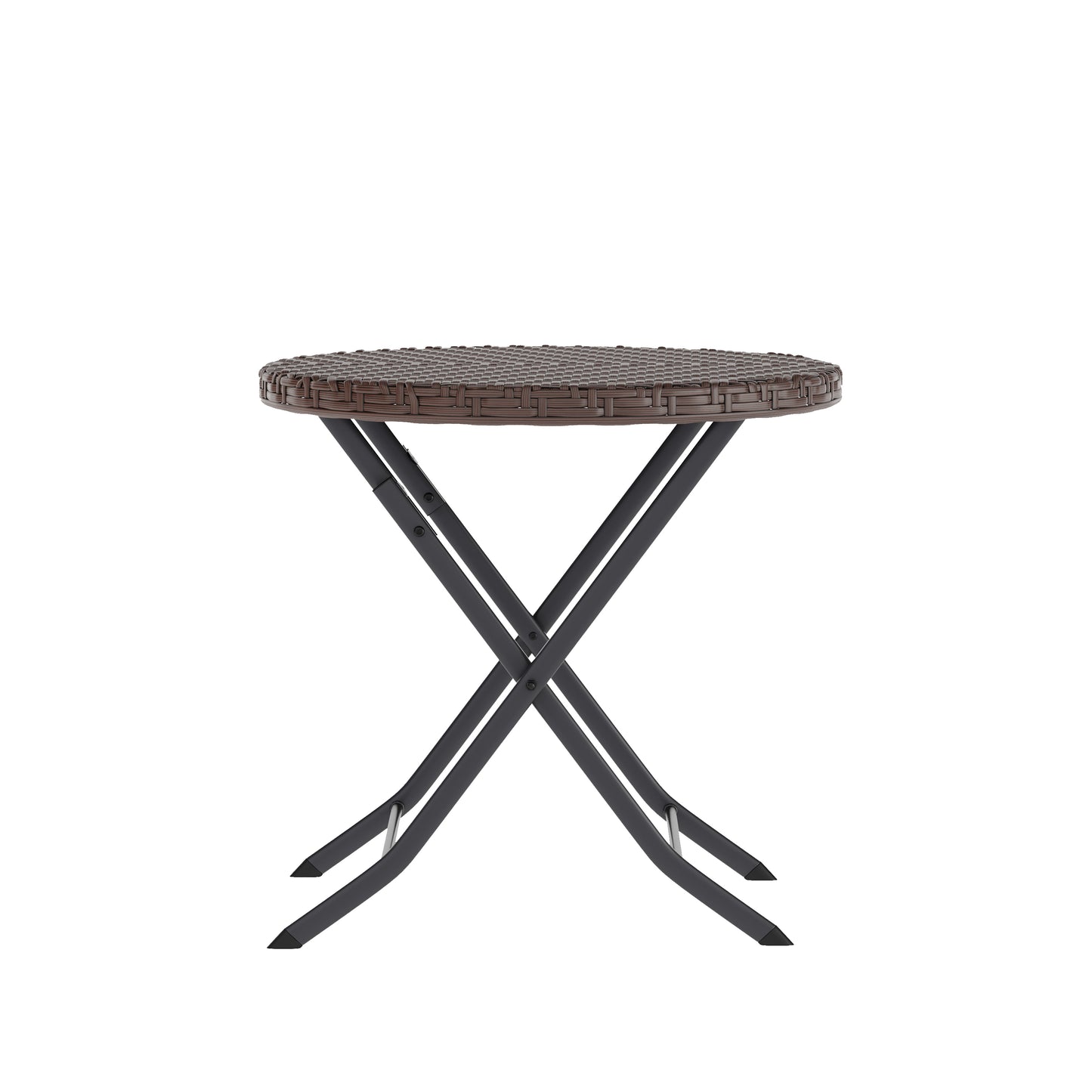 Rouen Three Piece Commercial Grade Foldable Bistro Set, Indoor/Outdoor PE Rattan Back, Seat and Table Top, Brown with Black Steel Frames Brown