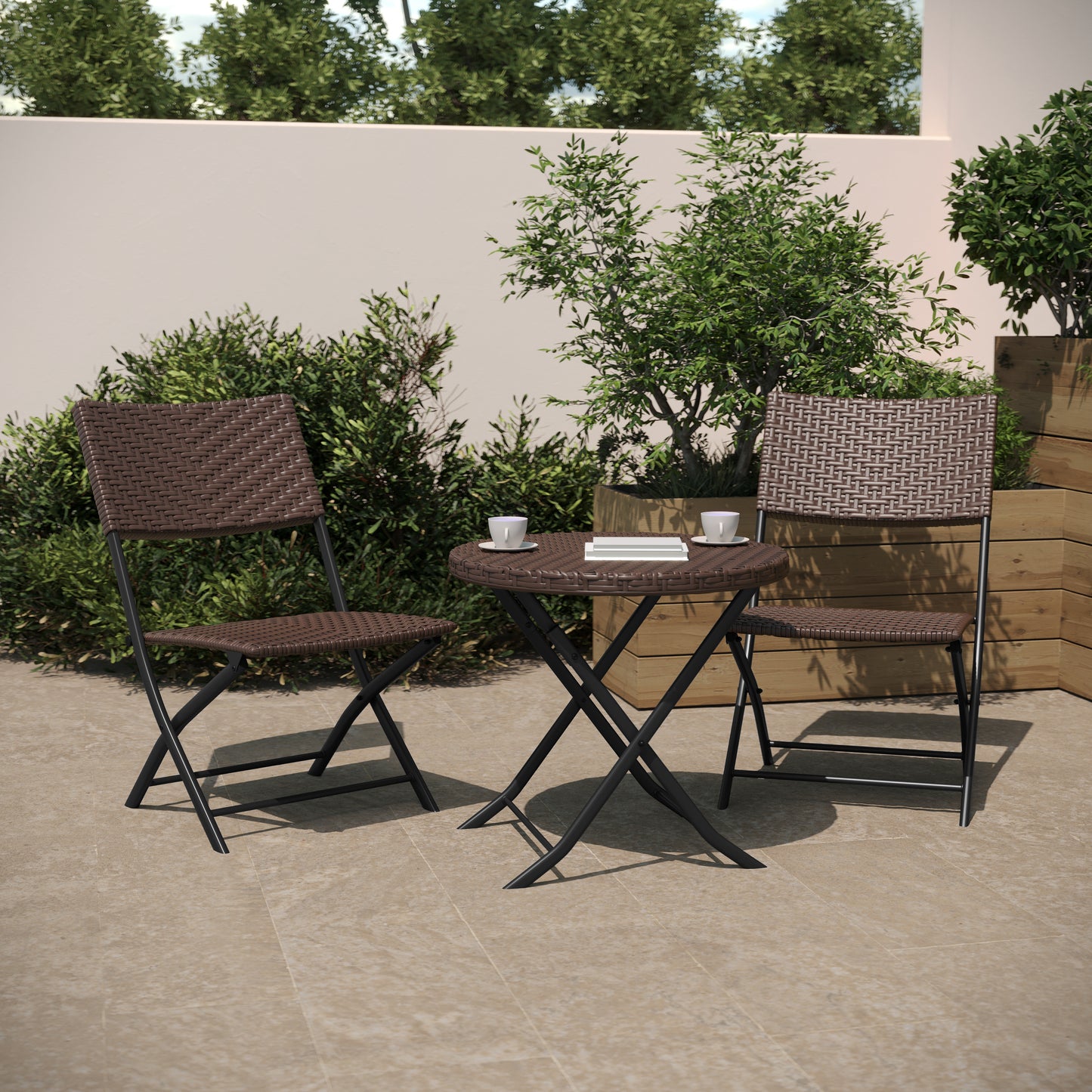 Rouen Three Piece Commercial Grade Foldable Bistro Set, Indoor/Outdoor PE Rattan Back, Seat and Table Top, Brown with Black Steel Frames Brown