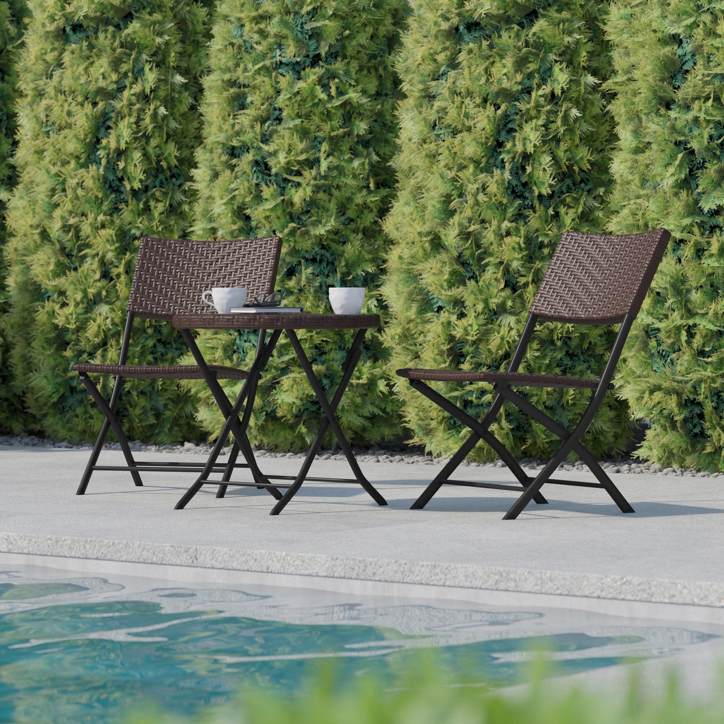 Rouen Three Piece Commercial Grade Foldable Bistro Set, Indoor/Outdoor PE Rattan Back, Seat and Table Top, Brown with Black Steel Frames Brown