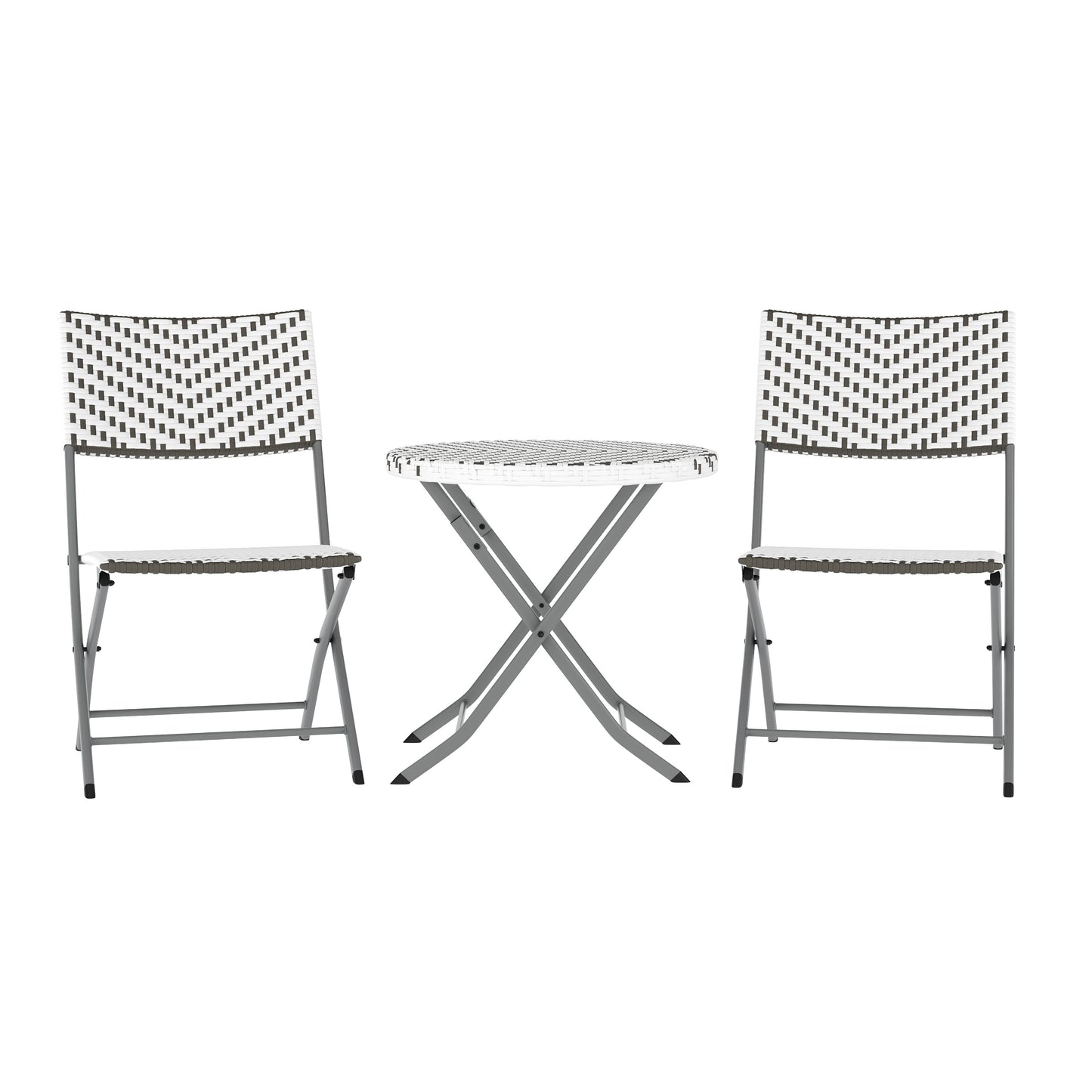 Rouen Three Piece Commercial Grade Foldable Bistro Set, Indoor/Outdoor PE Rattan Back, Seat and Table Top, Gray/White with Charcoal Steel Frame Gray & White