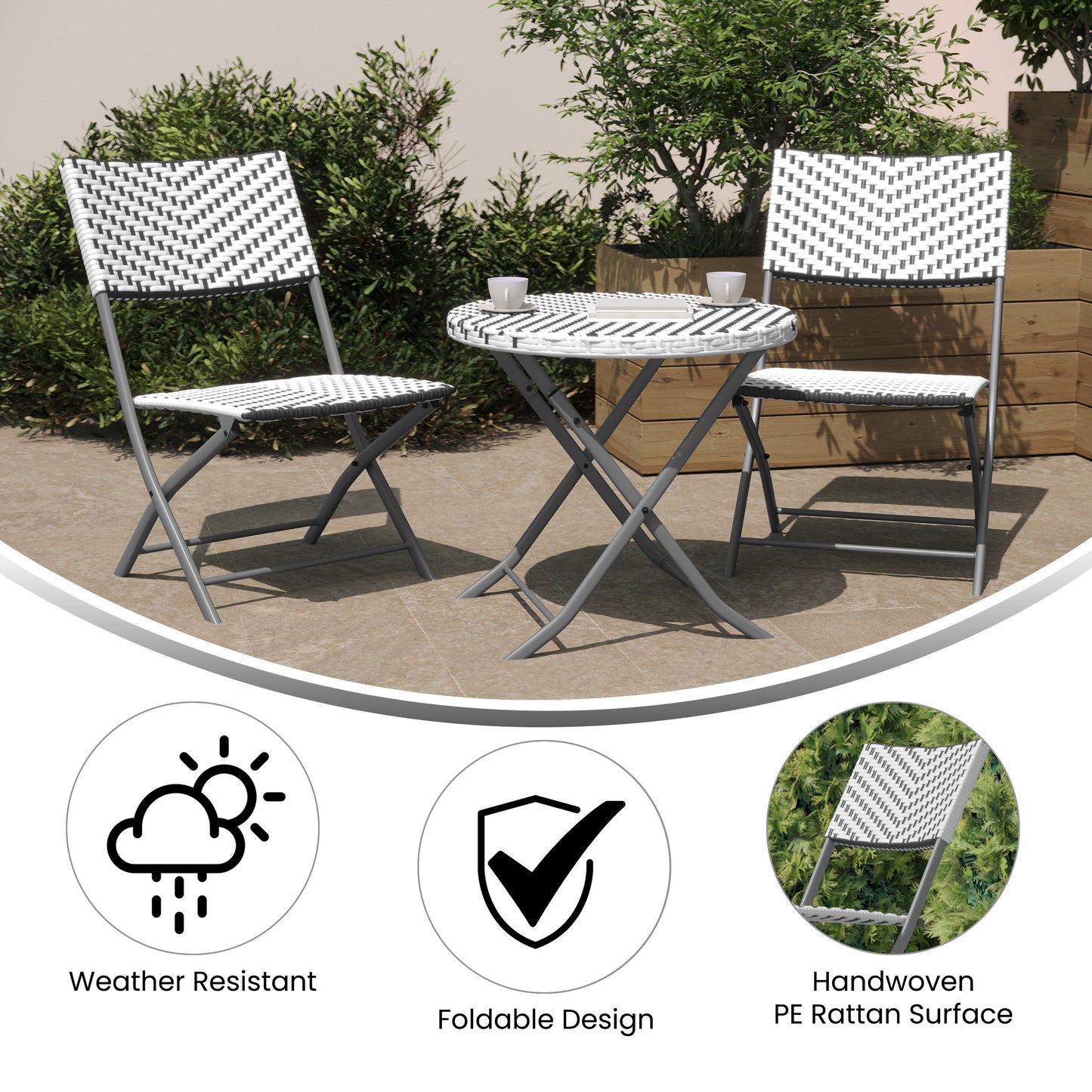Rouen Three Piece Commercial Grade Foldable Bistro Set, Indoor/Outdoor PE Rattan Back, Seat and Table Top, Gray/White with Charcoal Steel Frame Gray & White