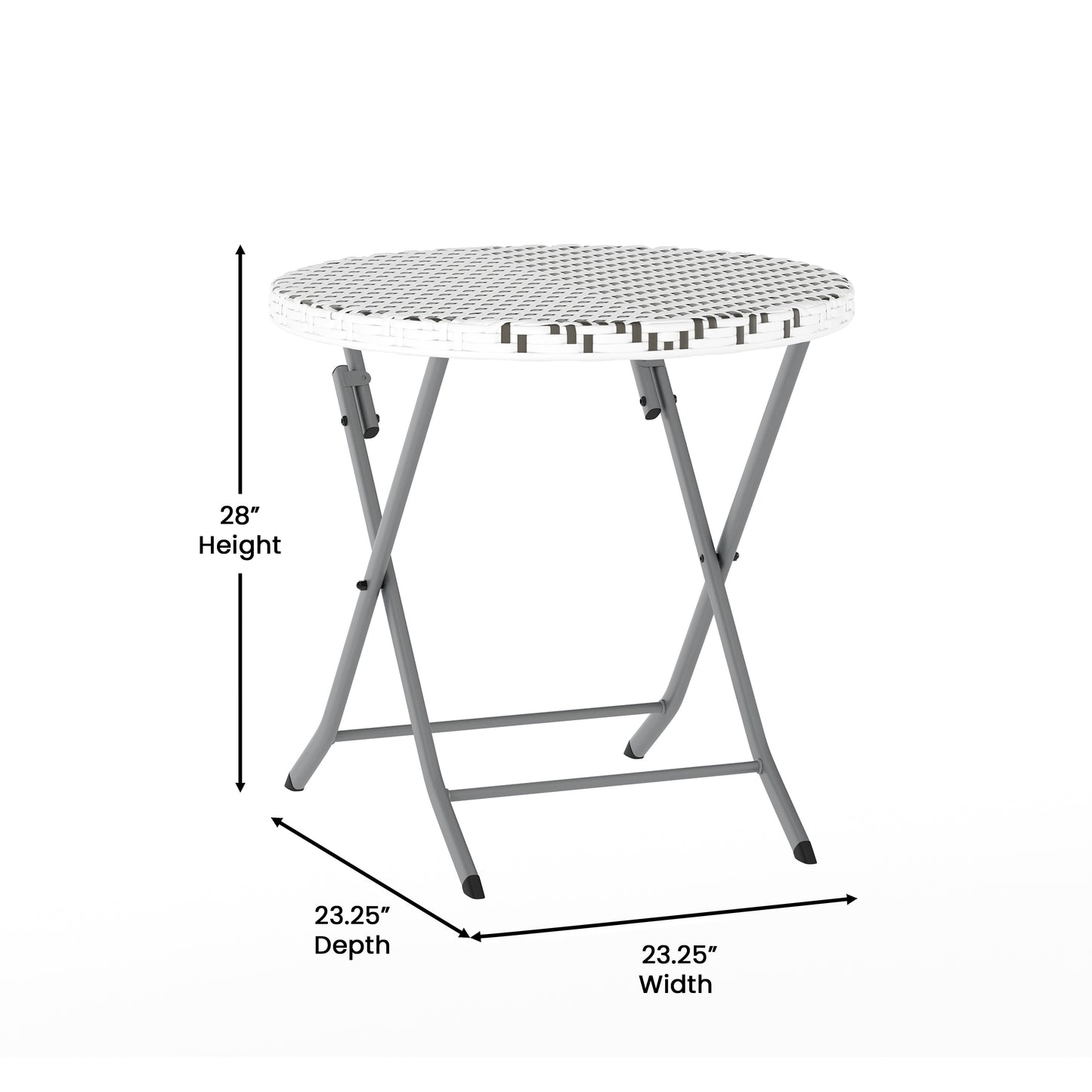 Rouen Three Piece Commercial Grade Foldable Bistro Set, Indoor/Outdoor PE Rattan Back, Seat and Table Top, Gray/White with Charcoal Steel Frame Gray & White